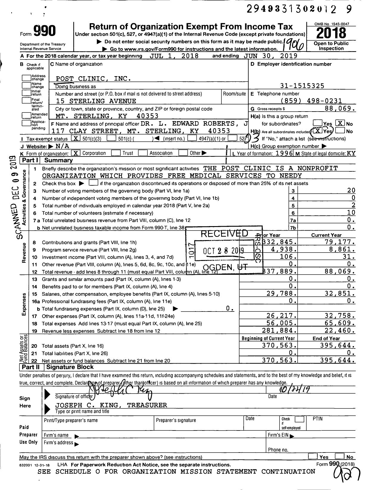 Image of first page of 2018 Form 990 for Post Clinic