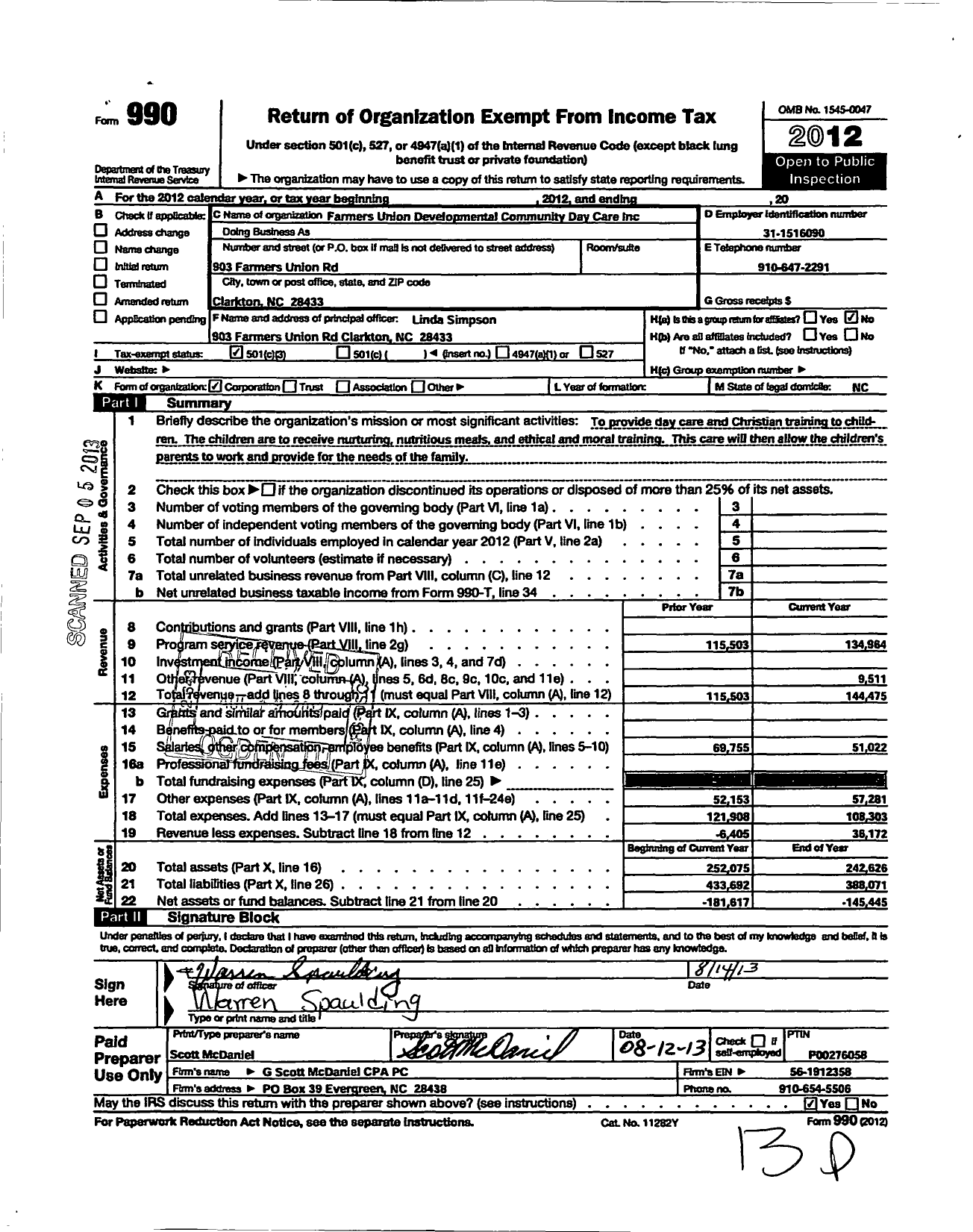 Image of first page of 2012 Form 990 for Farmers Union Developmental Community Day Care