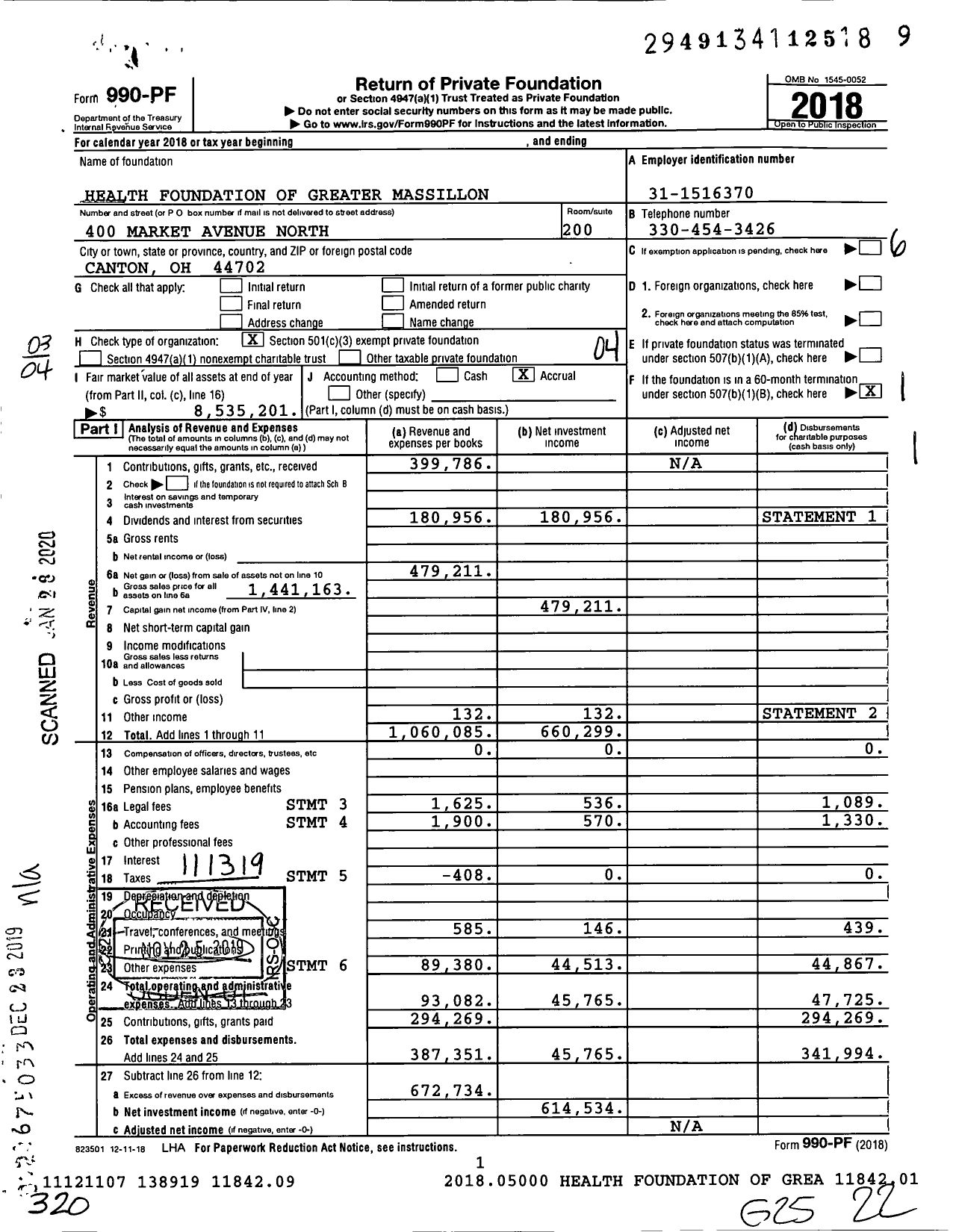 Image of first page of 2018 Form 990PF for Health Foundation of Greater Massillon