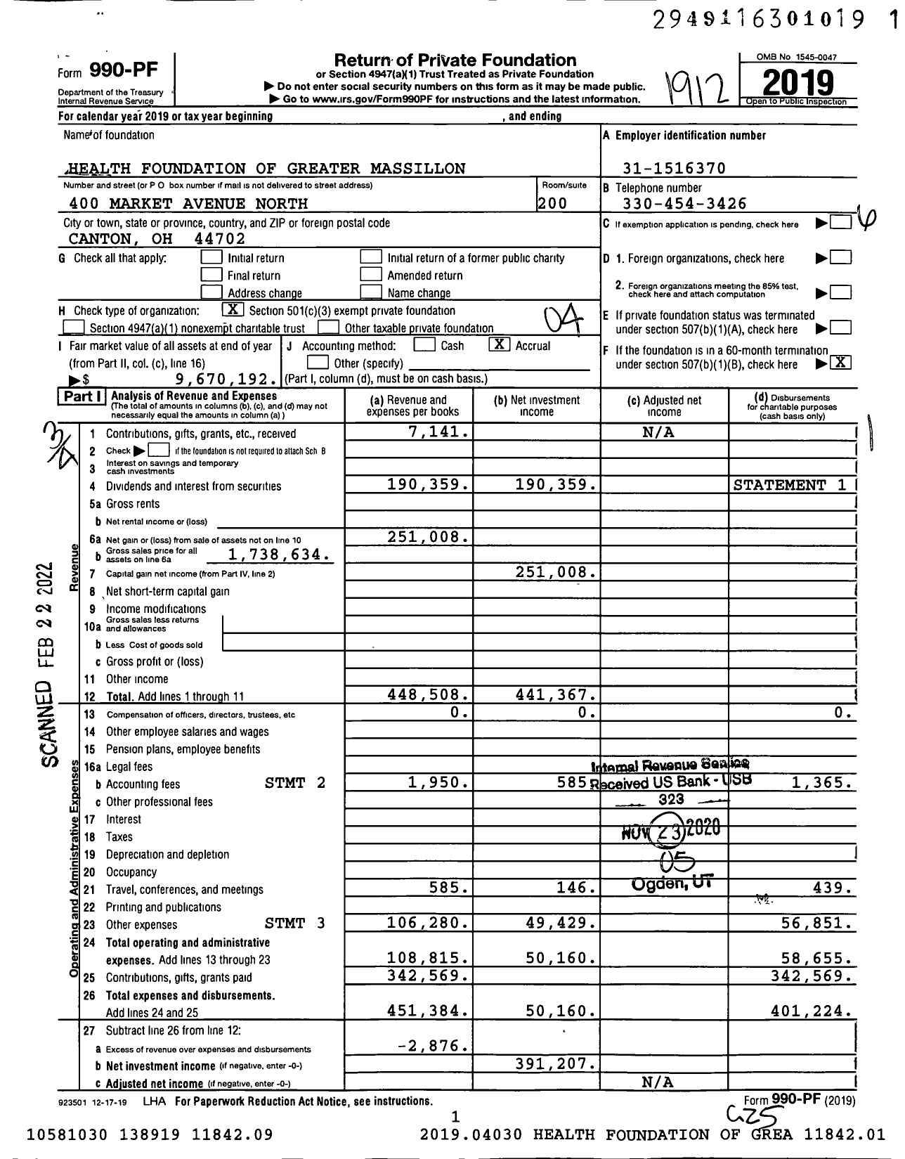 Image of first page of 2019 Form 990PF for Health Foundation of Greater Massillon