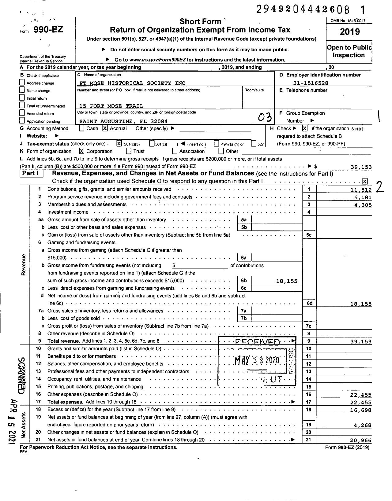 Image of first page of 2019 Form 990EZ for Fort Mose Historical Society