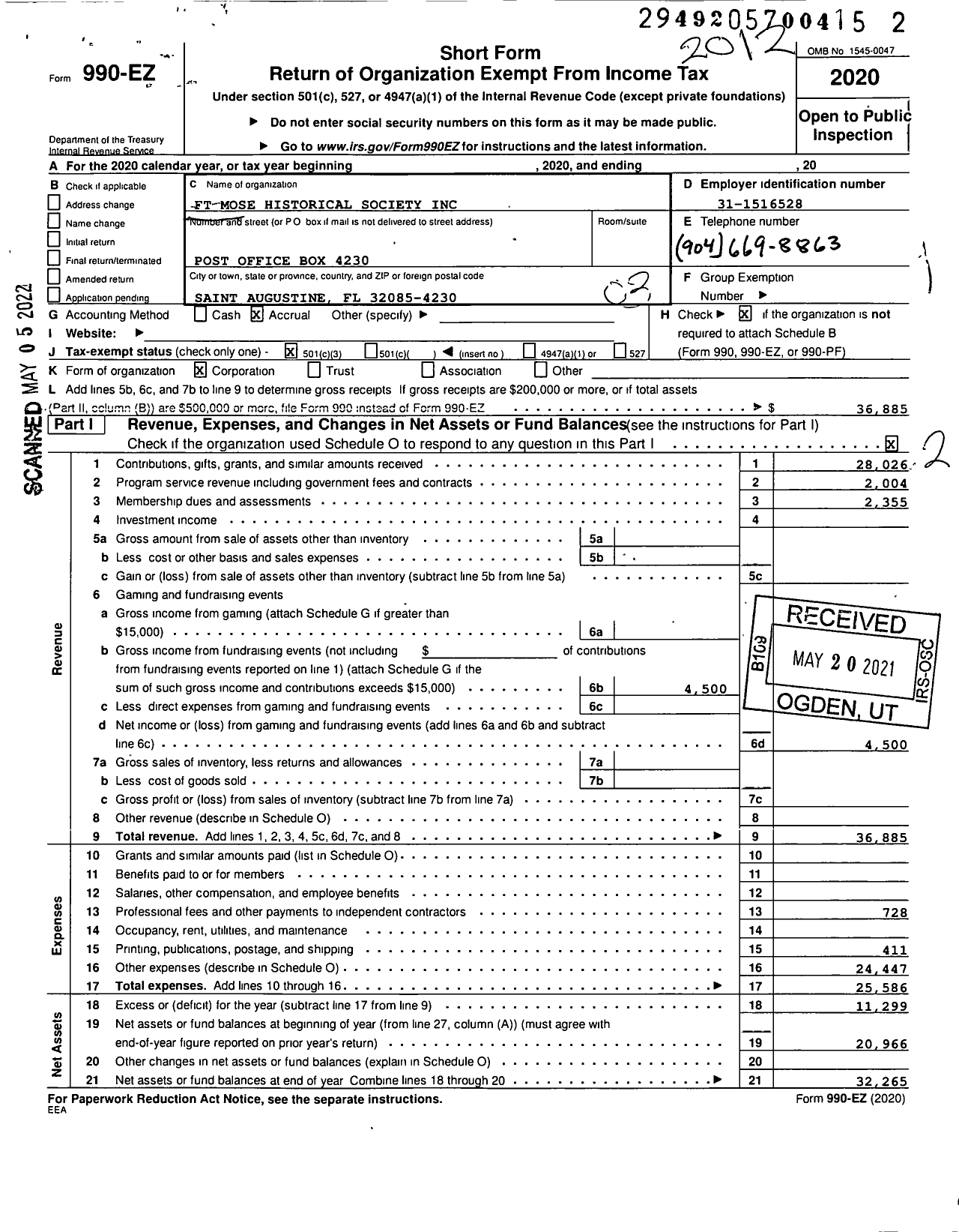 Image of first page of 2020 Form 990EZ for Fort Mose Historical Society