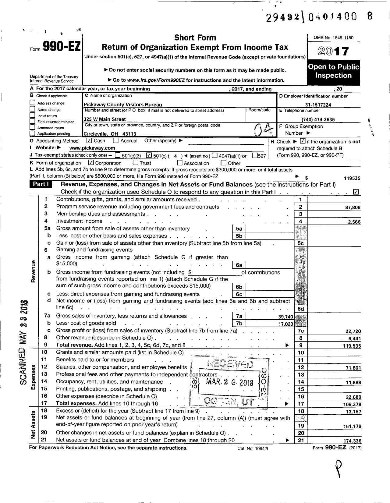 Image of first page of 2017 Form 990EO for Pickaway County Visitors Bureau