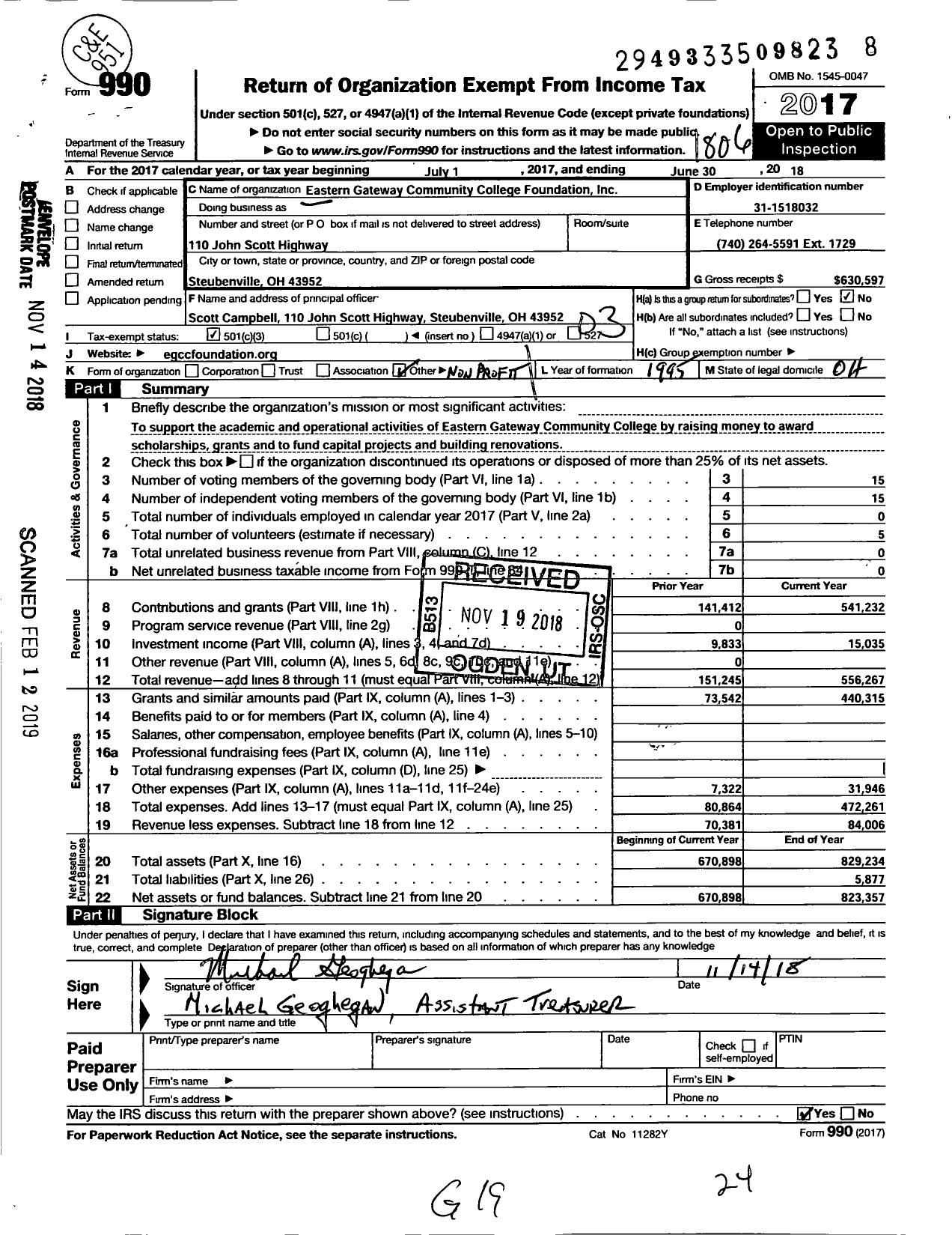 Image of first page of 2017 Form 990 for Eastern Gateway Community College Foundation