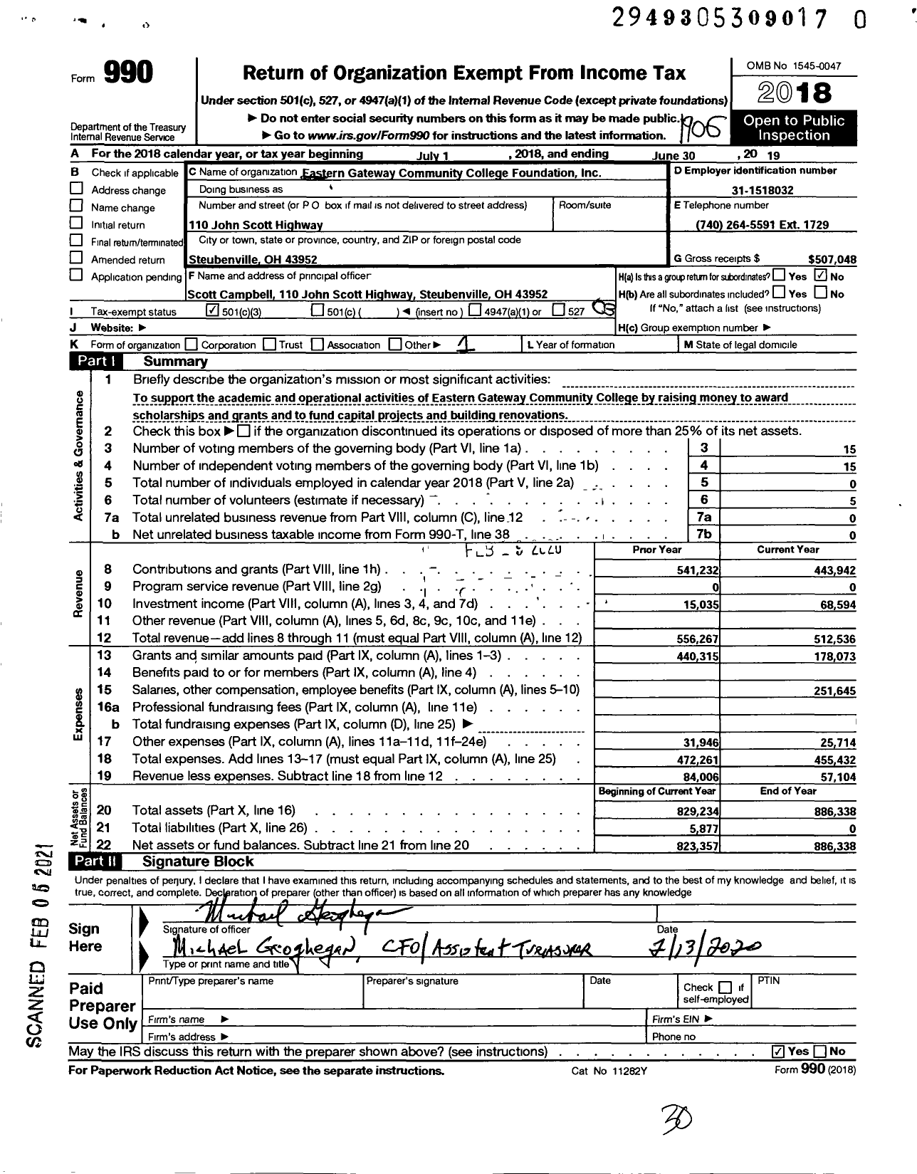 Image of first page of 2018 Form 990 for Eastern Gateway Community College Foundation