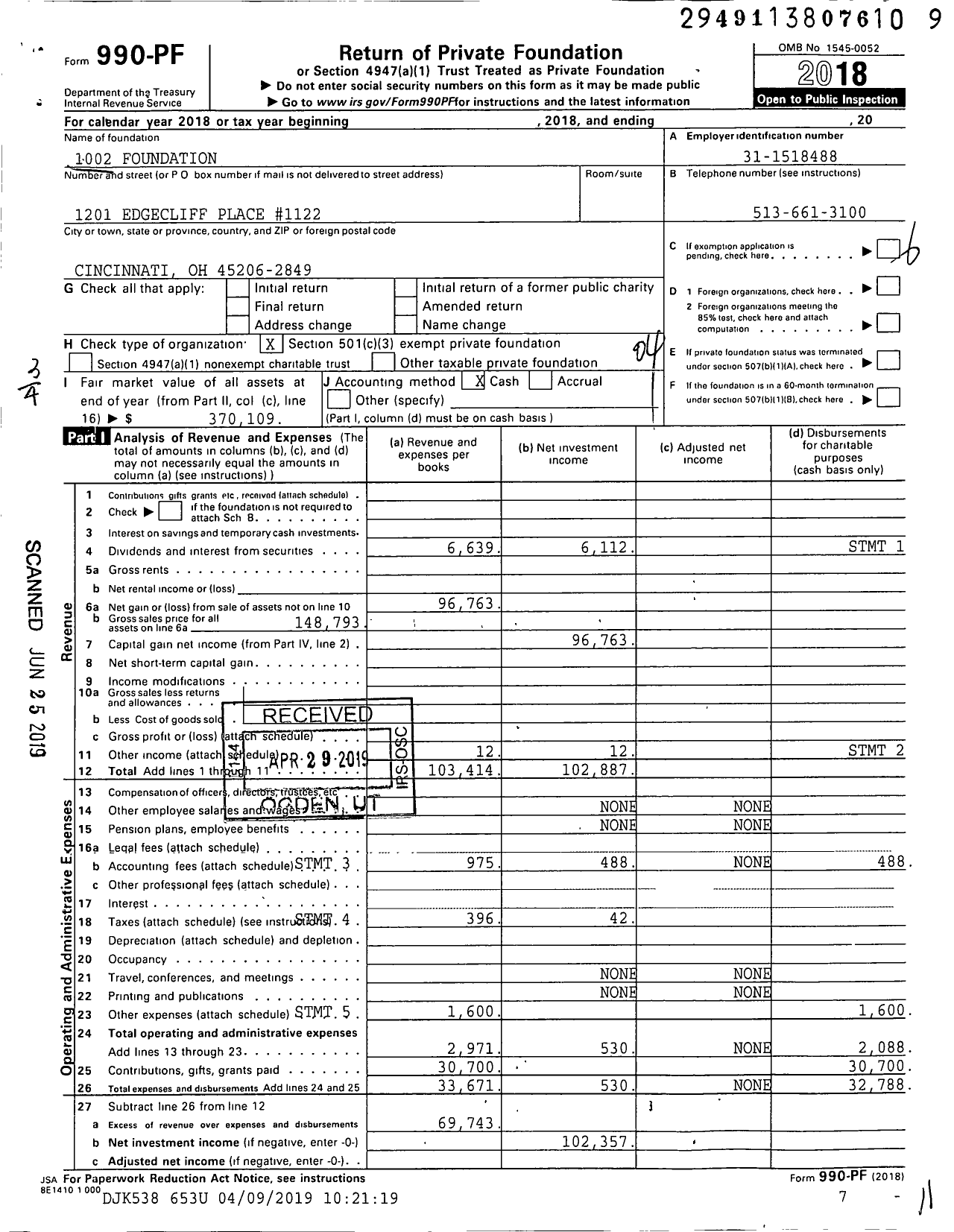Image of first page of 2018 Form 990PF for 1002 Foundation