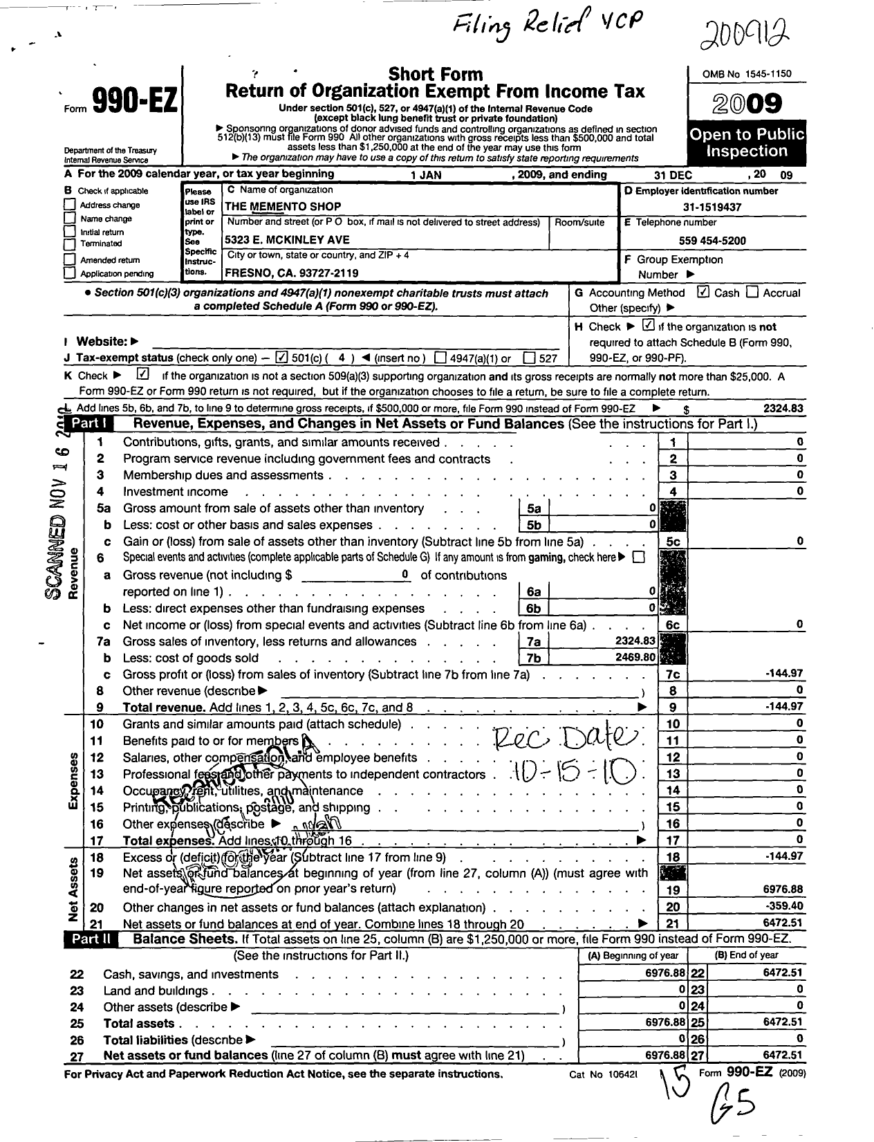 Image of first page of 2009 Form 990EO for Memento Shop Council