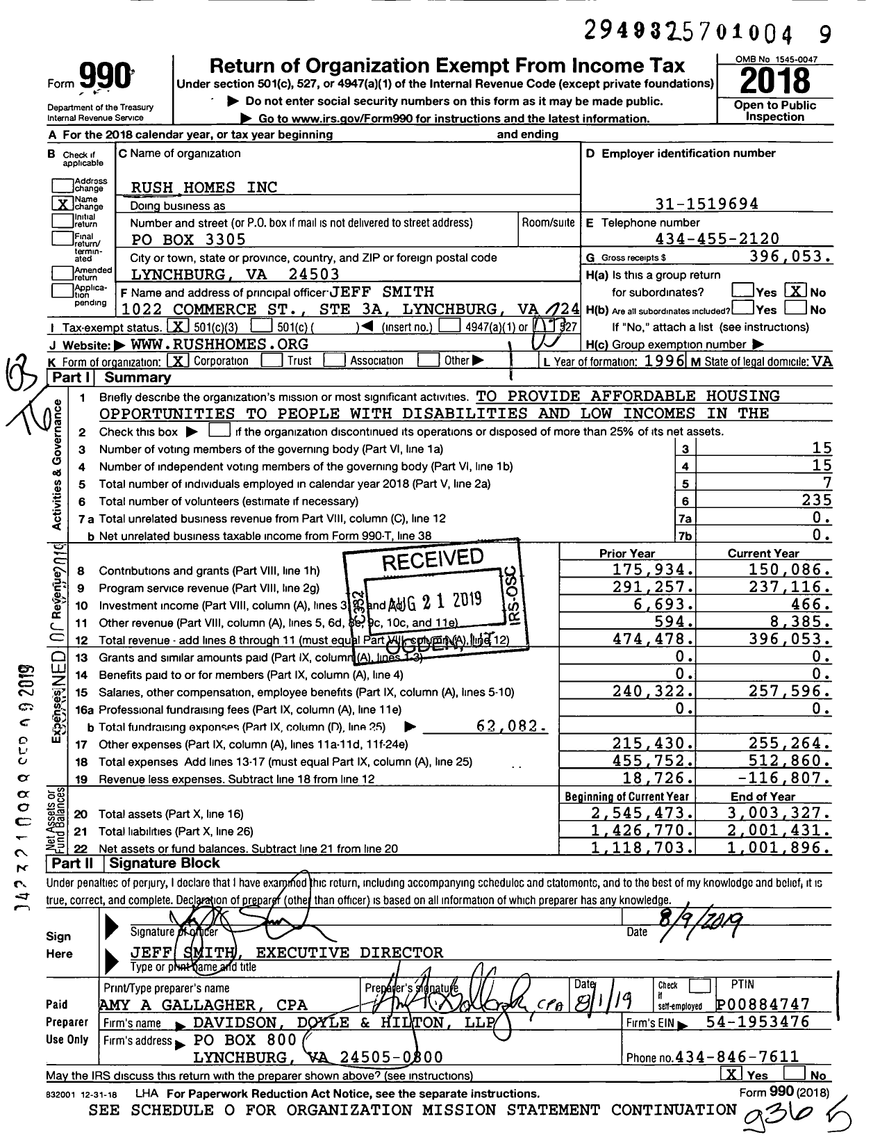 Image of first page of 2018 Form 990 for Rush Homes