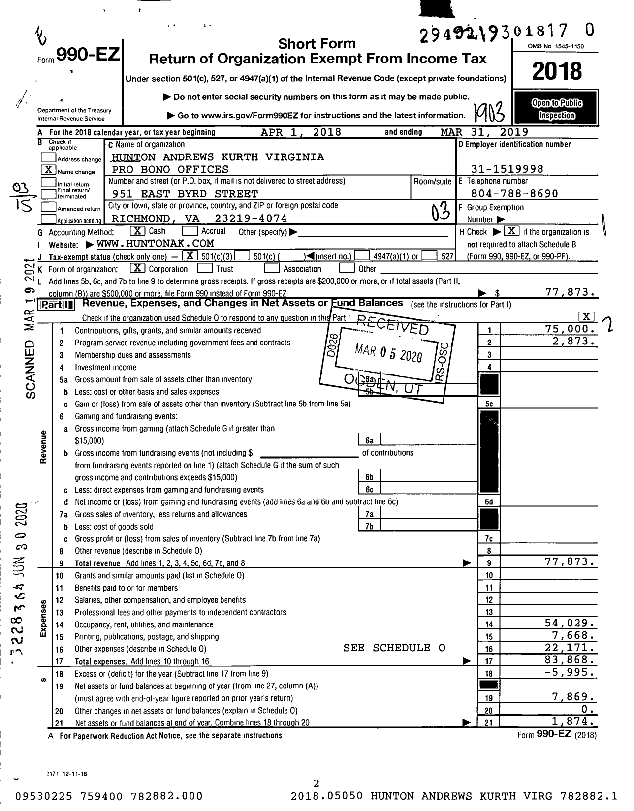 Image of first page of 2018 Form 990EZ for Hunton Andrews Kurth Virginia Pro Bono Offices