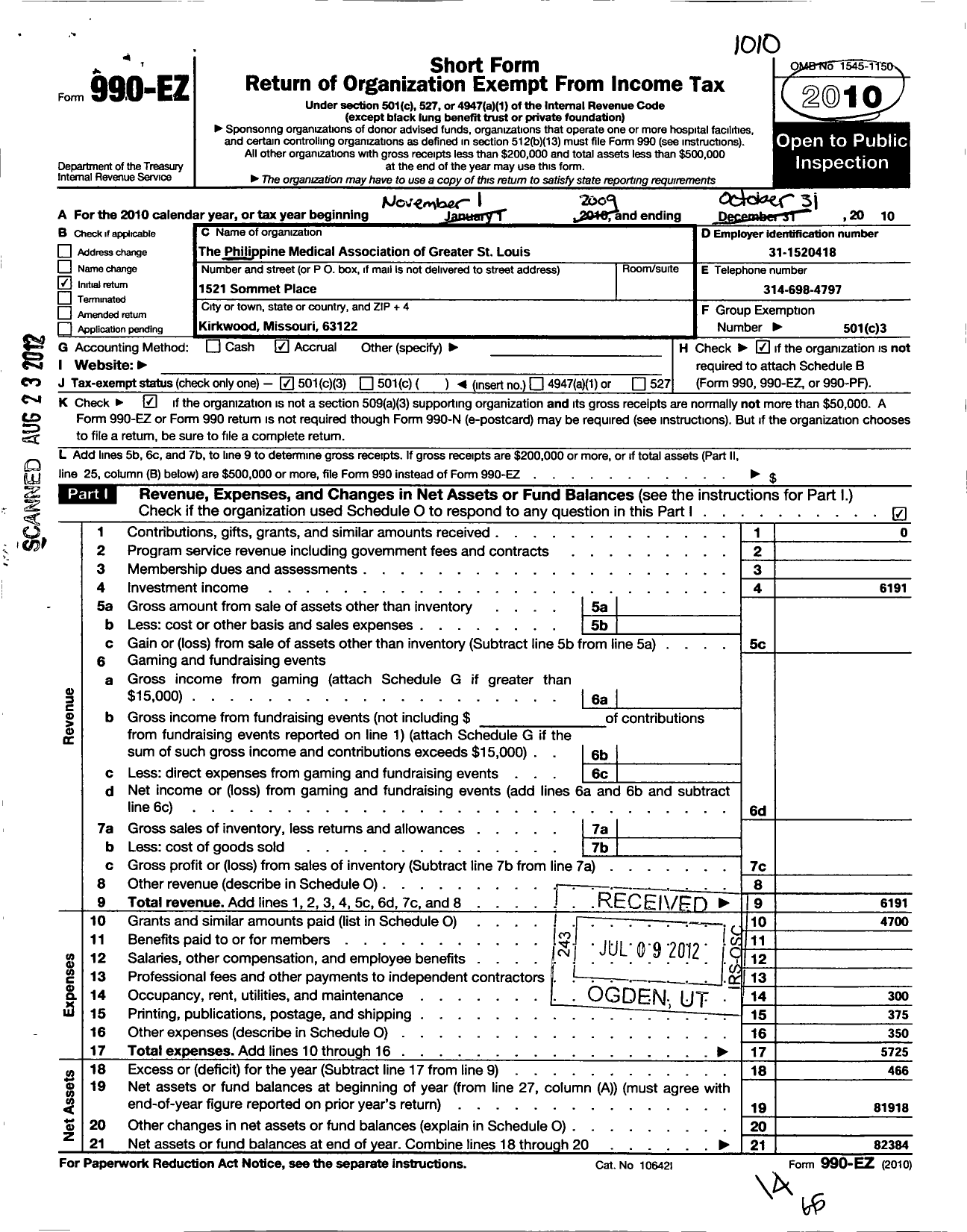 Image of first page of 2009 Form 990EZ for Philippine Medical Association of Greater St Louis Medical Mission Foundat