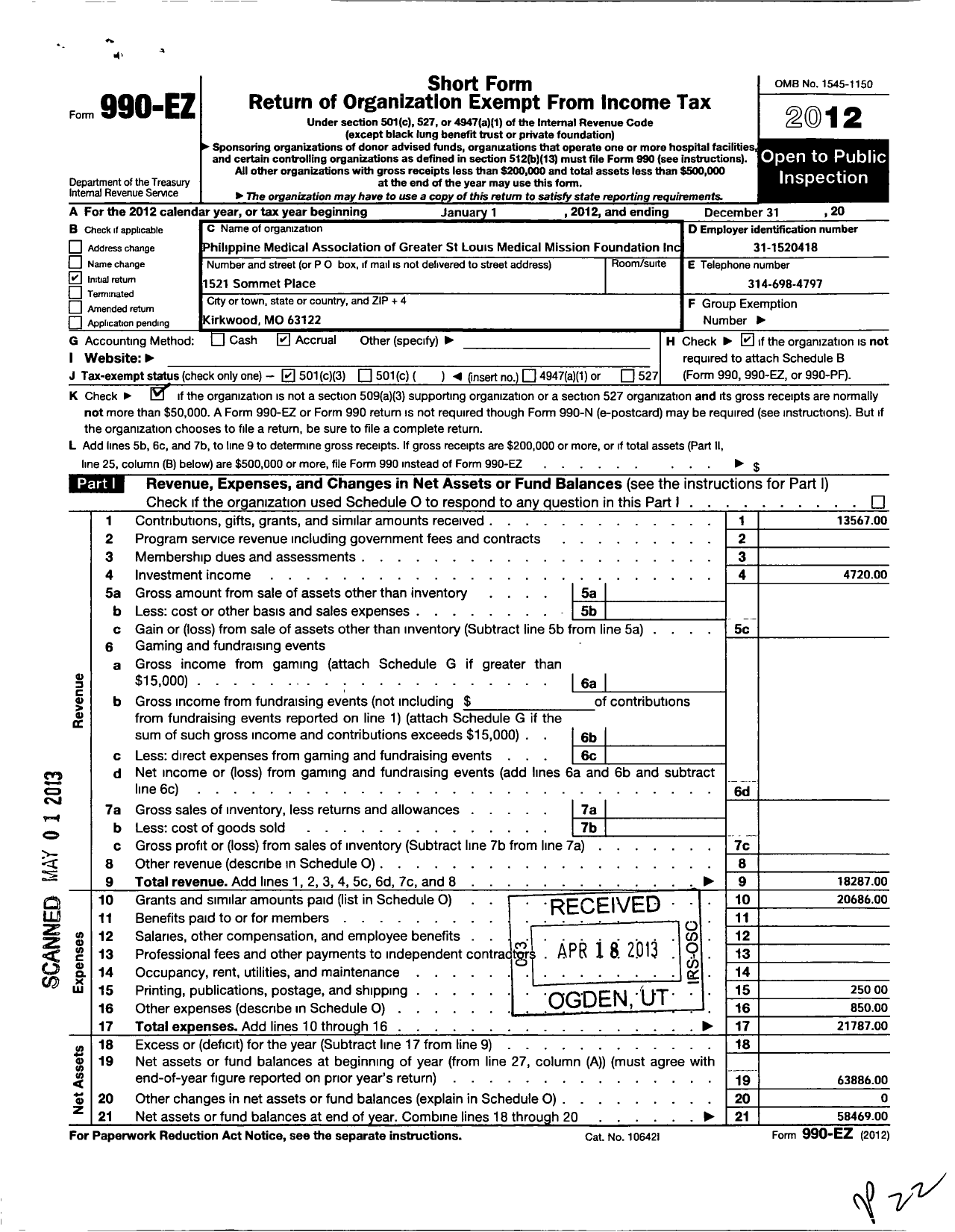 Image of first page of 2012 Form 990EZ for Philippine Medical Association of Greater St Louis Medical Mission Foundat