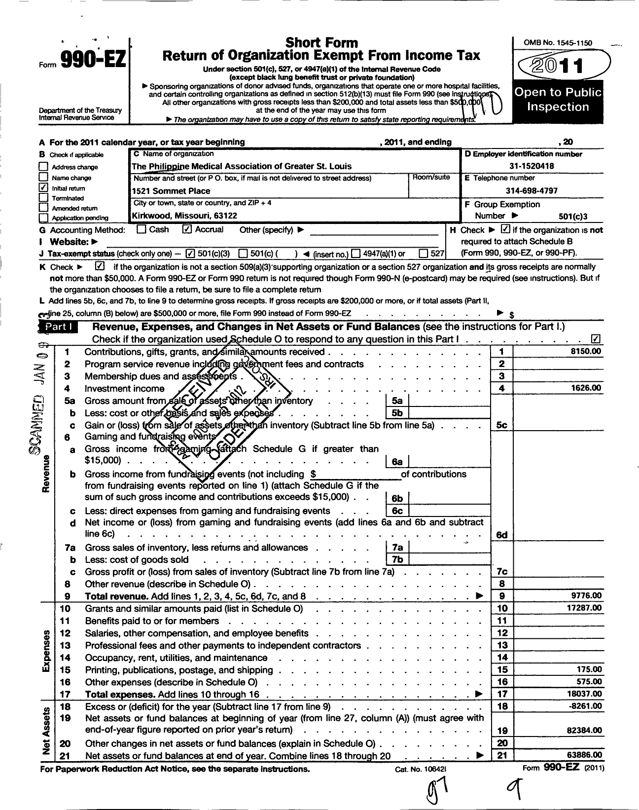 Image of first page of 2010 Form 990EZ for Philippine Medical Association of Greater St Louis Medical Mission Foundat