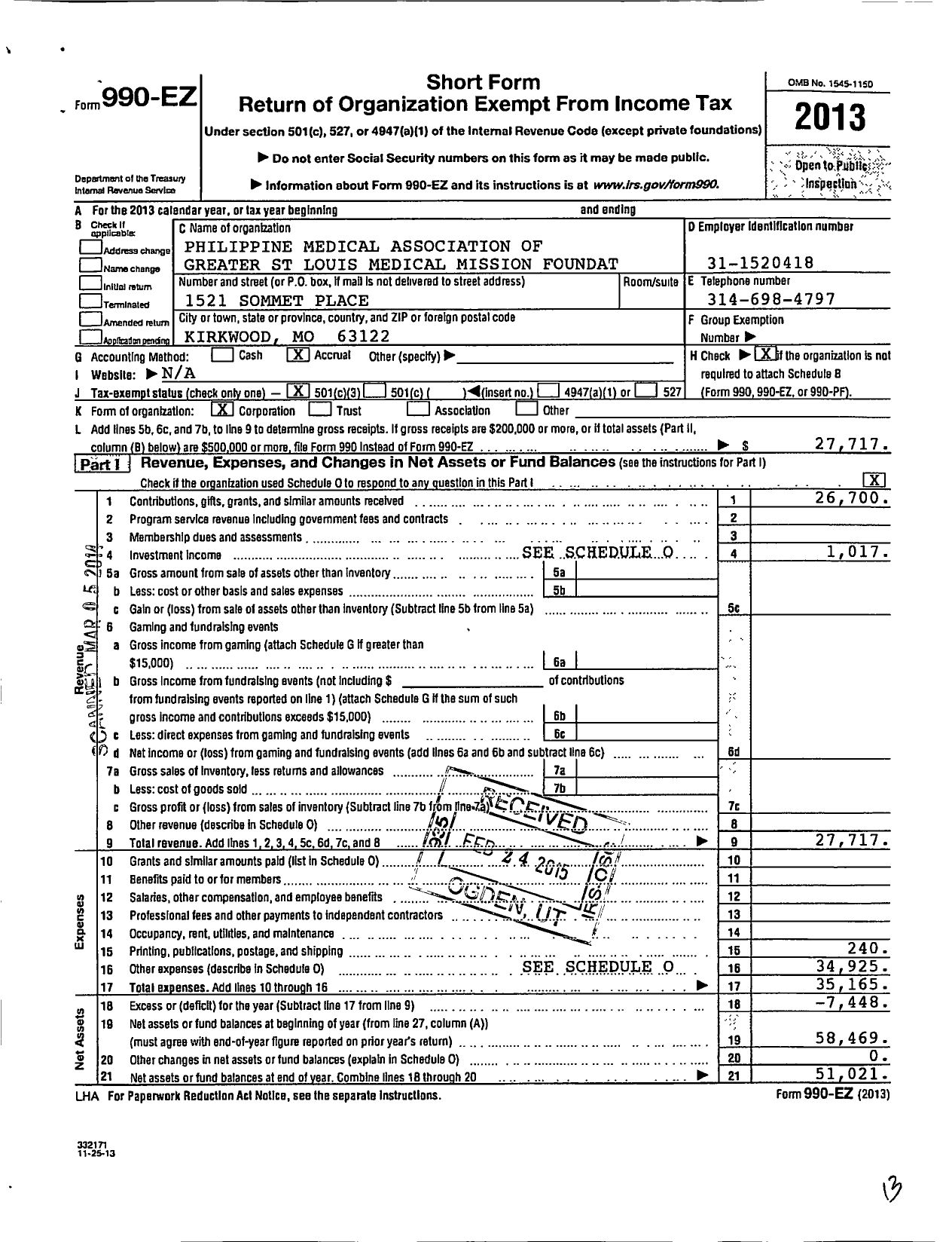 Image of first page of 2013 Form 990EZ for Philippine Medical Association of Greater St Louis Medical Mission Foundat