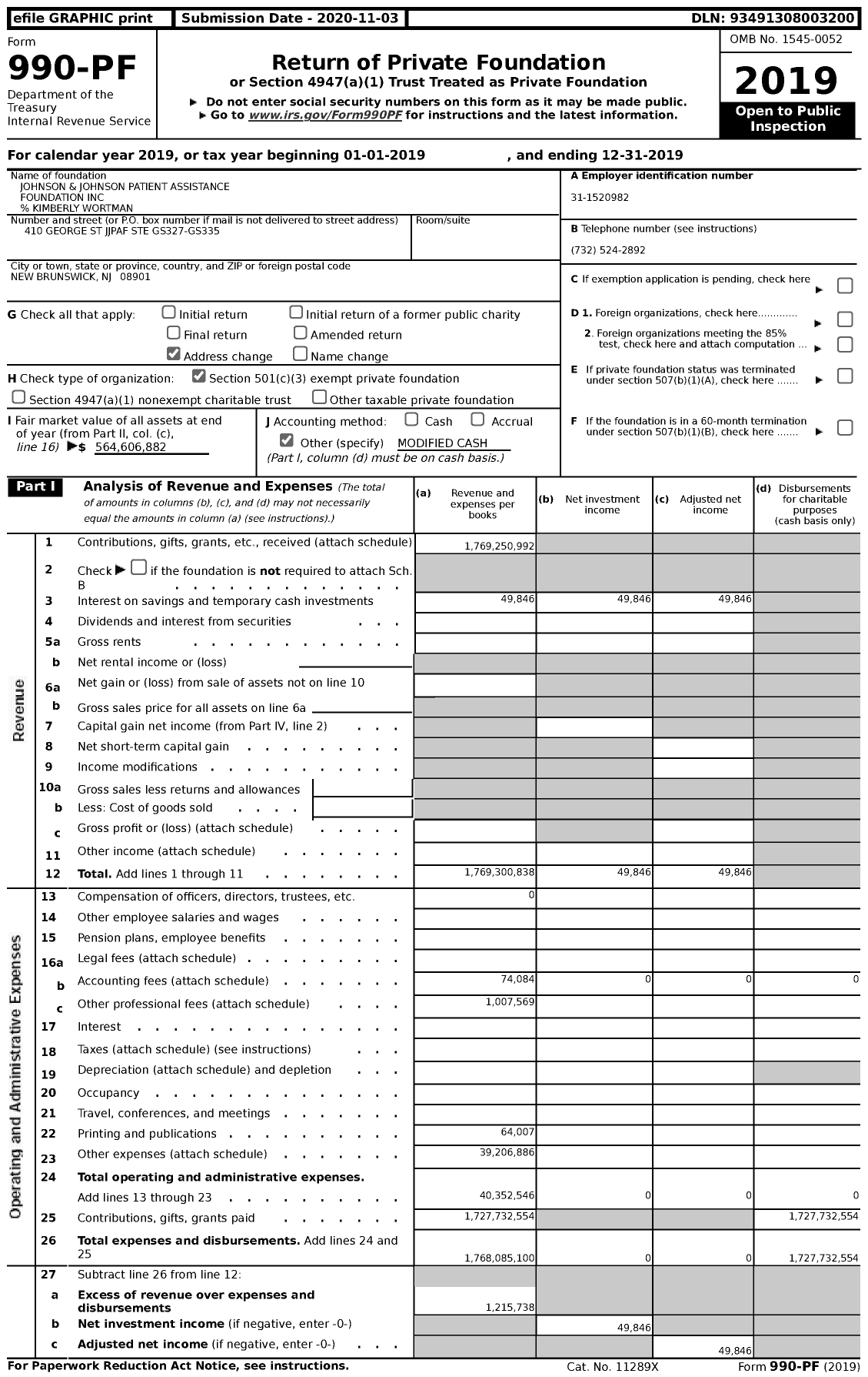 Image of first page of 2019 Form 990PF for Johnson and Johnson Patient Assistance Foundation