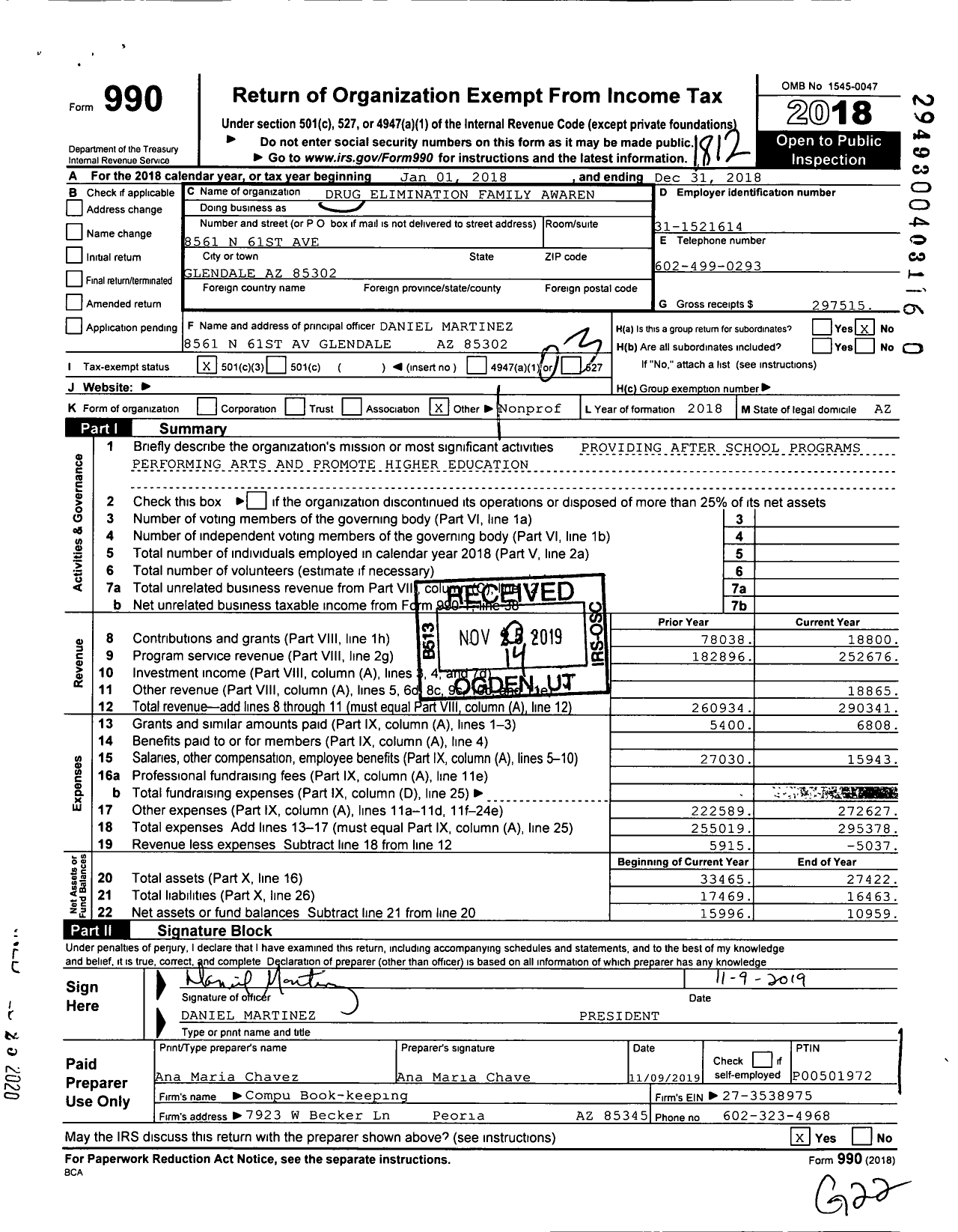 Image of first page of 2018 Form 990 for Drug Elimination Family Awareness