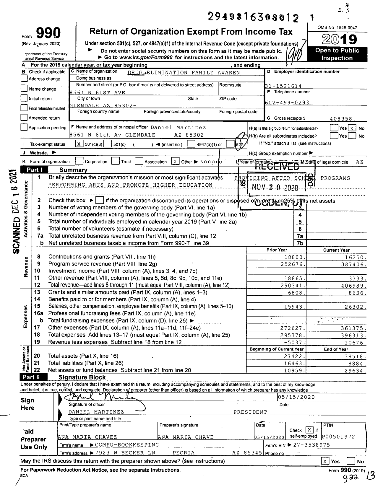 Image of first page of 2019 Form 990 for Drug Elimination Family Awareness