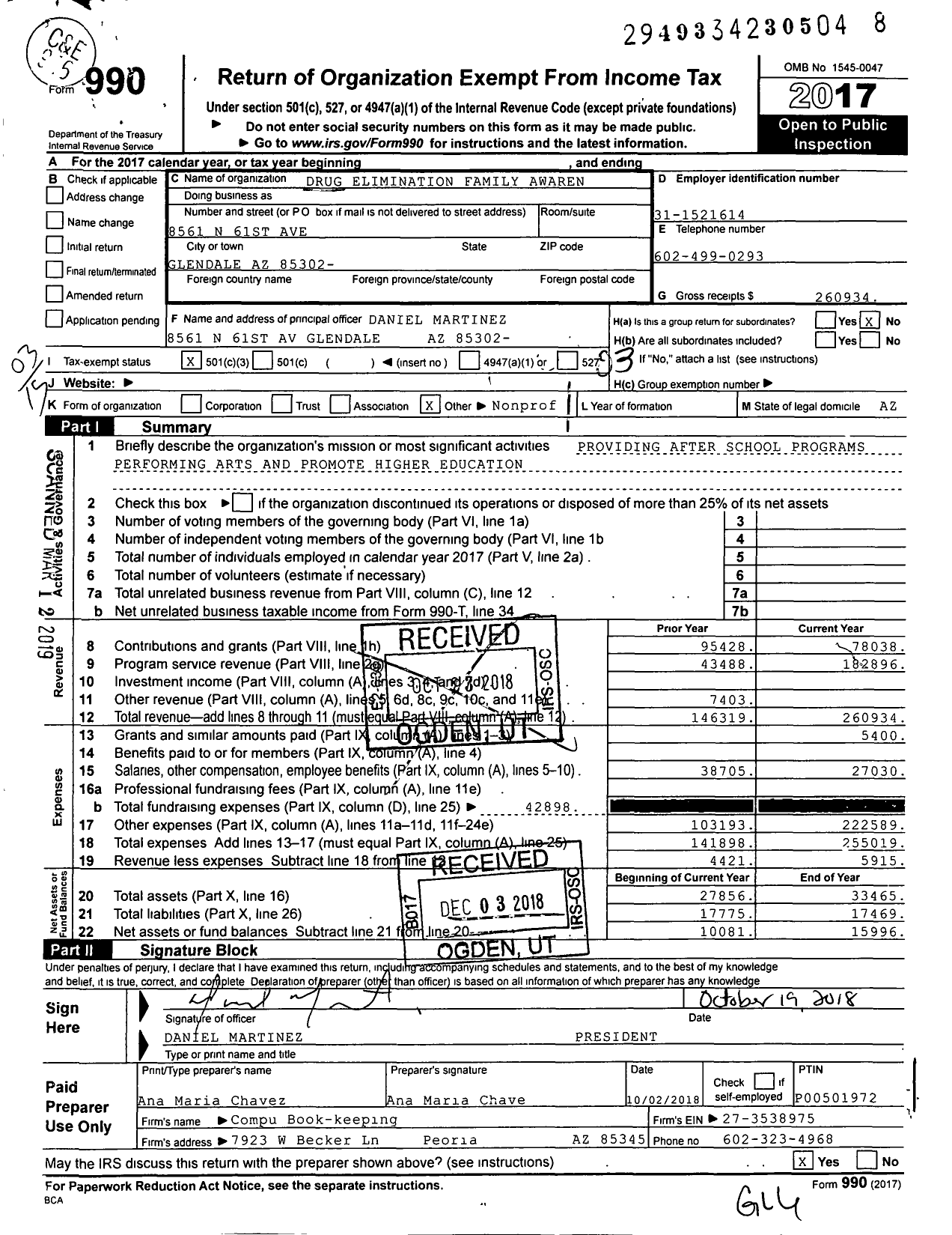 Image of first page of 2017 Form 990 for Drug Elimination Family Awareness