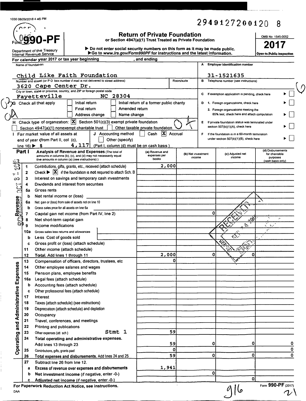 Image of first page of 2017 Form 990PF for Child Like Faith Foundation