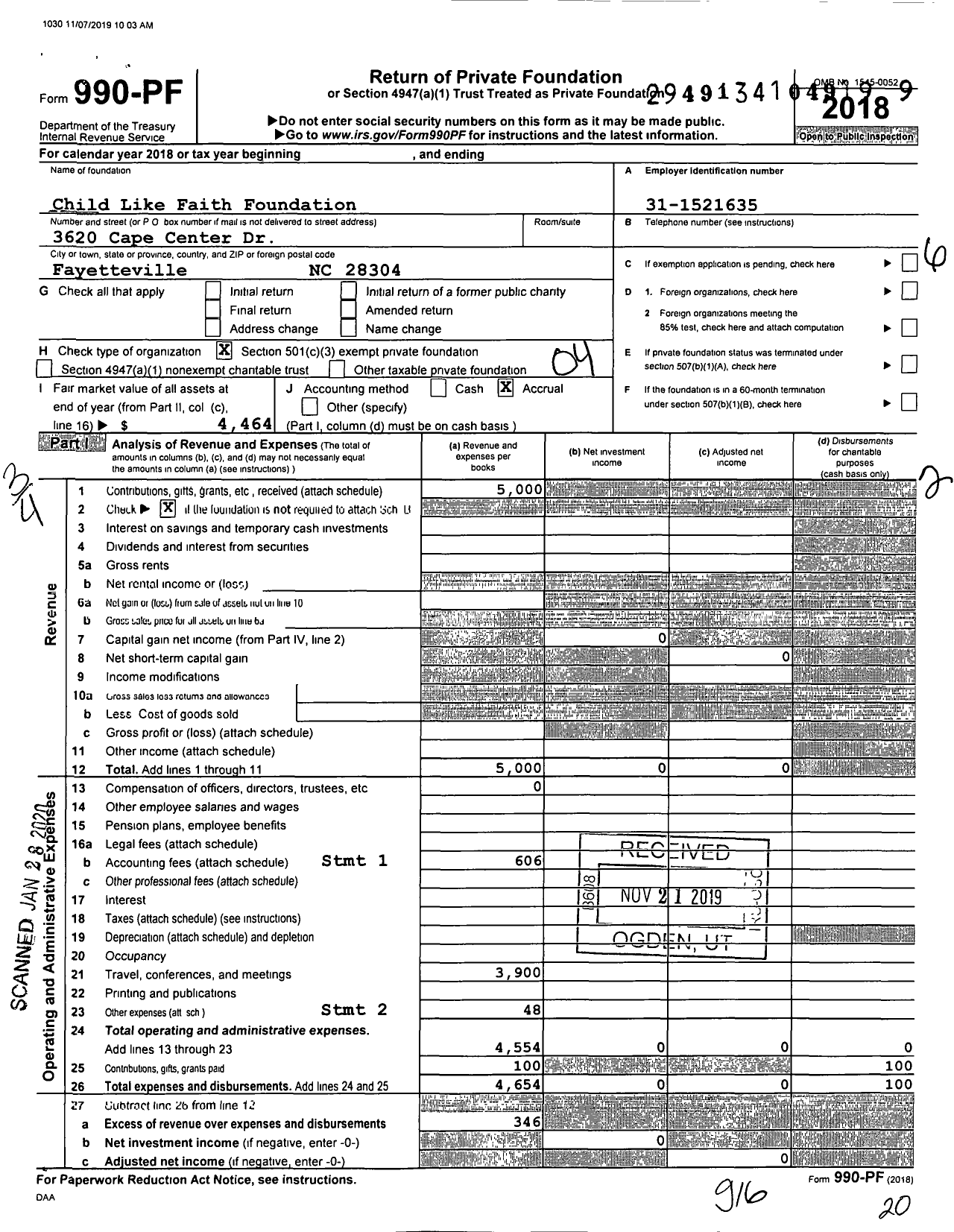 Image of first page of 2018 Form 990PF for Child Like Faith Foundation