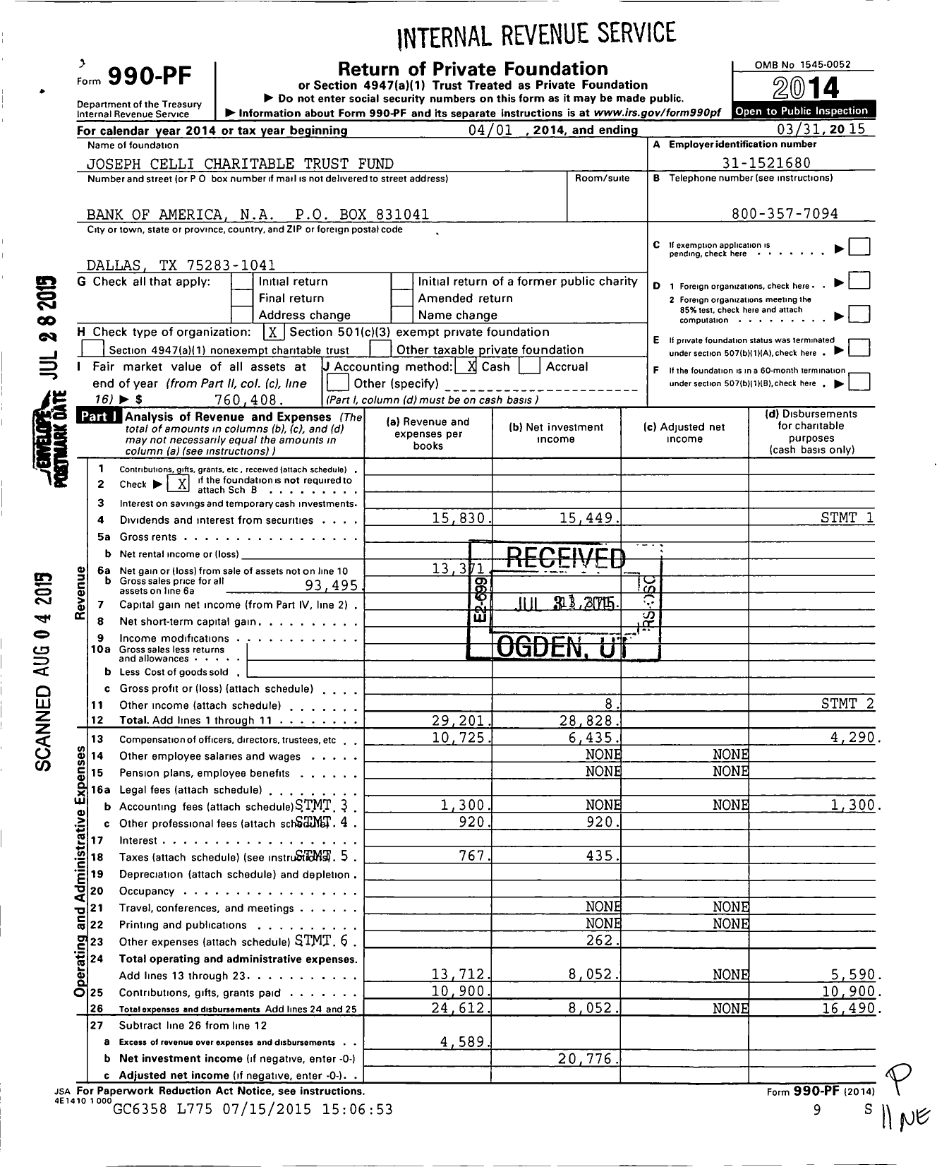 Image of first page of 2014 Form 990PF for Joseph Celli Charitable Trust Fund