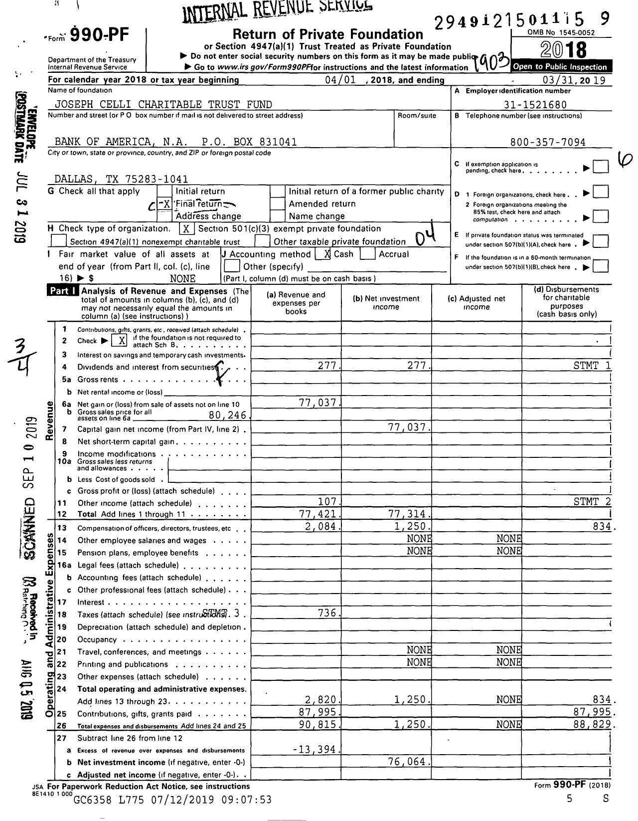 Image of first page of 2018 Form 990PF for Joseph Celli Charitable Trust Fund