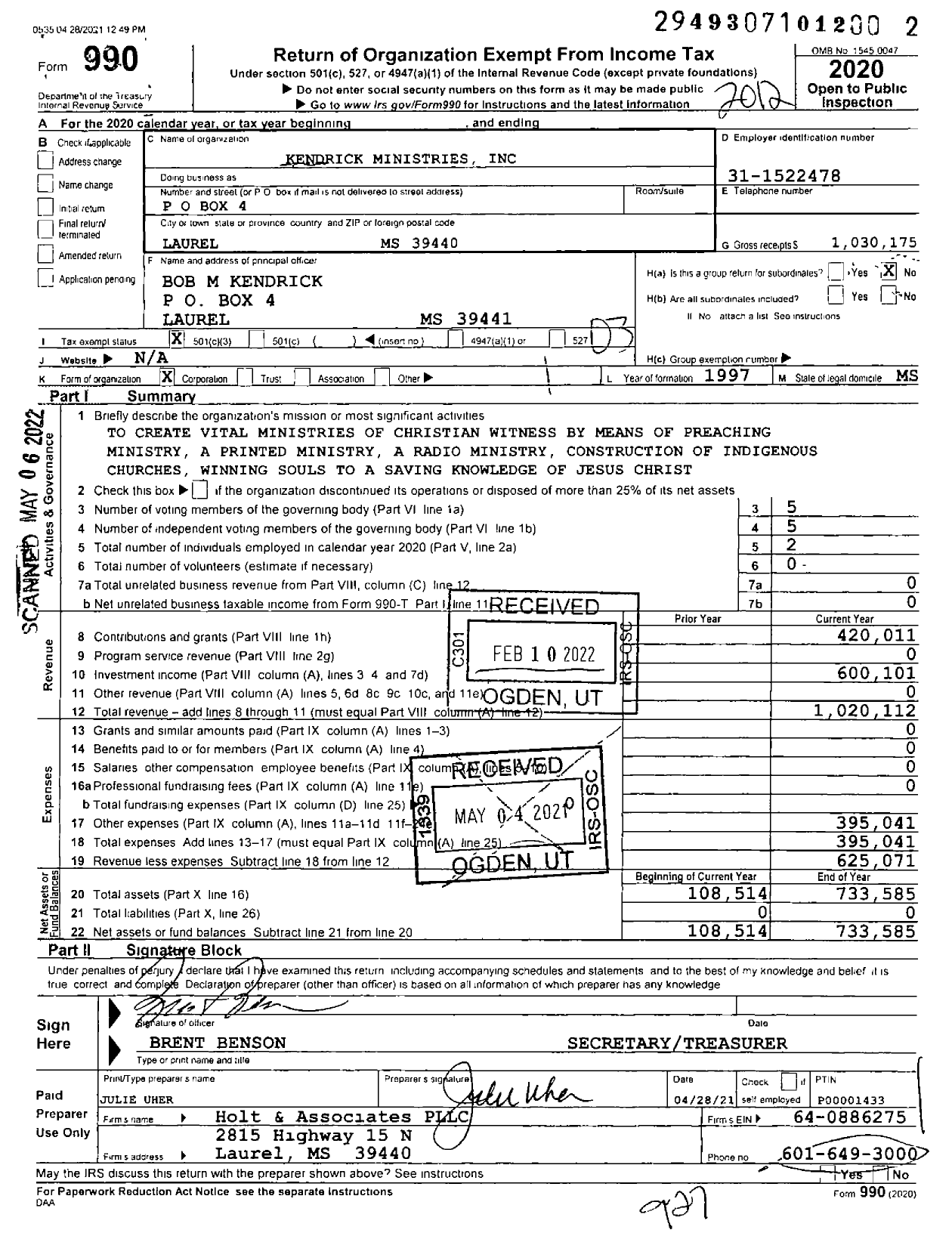 Image of first page of 2020 Form 990 for Kendrick Ministries