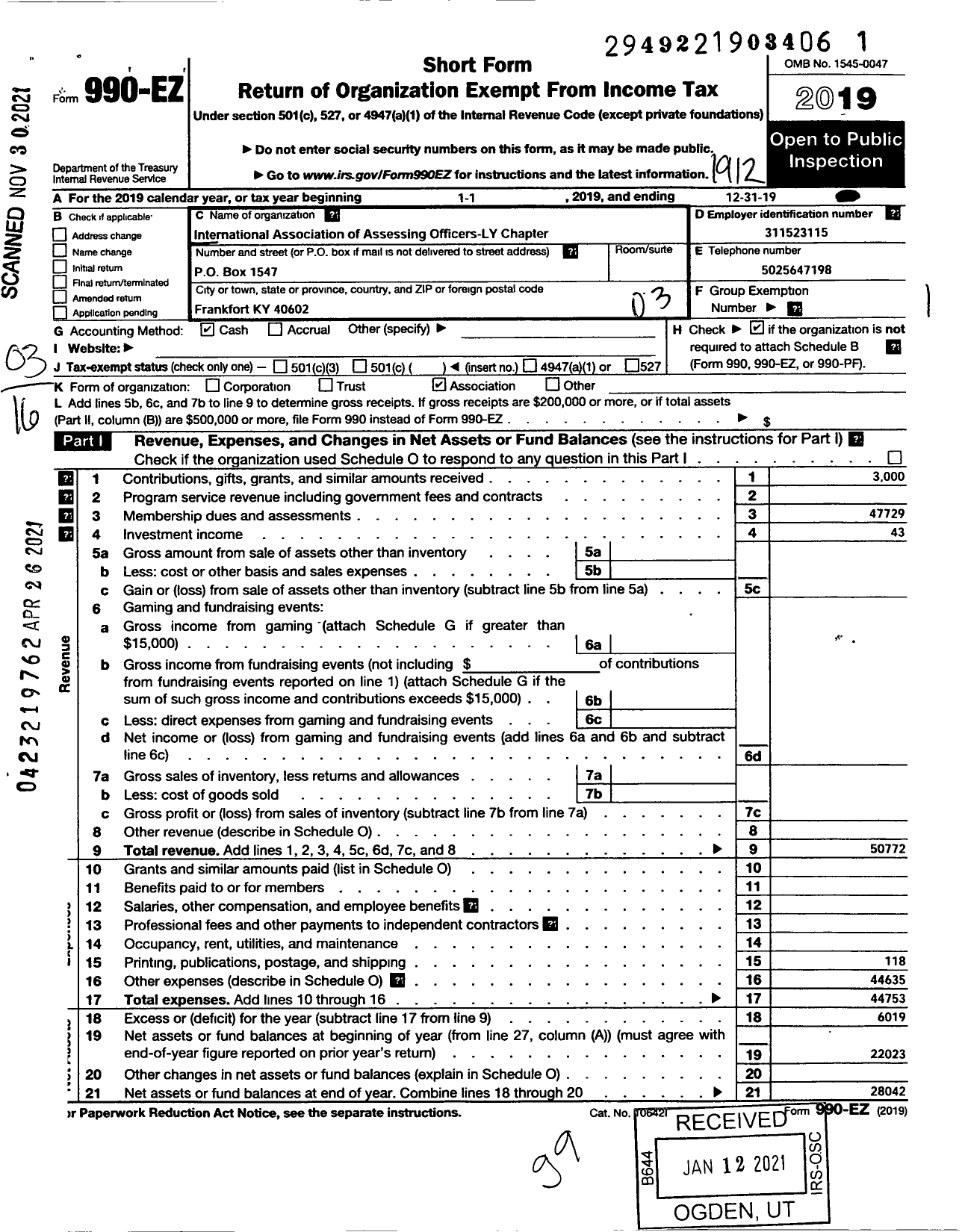 Image of first page of 2019 Form 990EZ for International Association of Assessing Officers / Kentucky Chapter