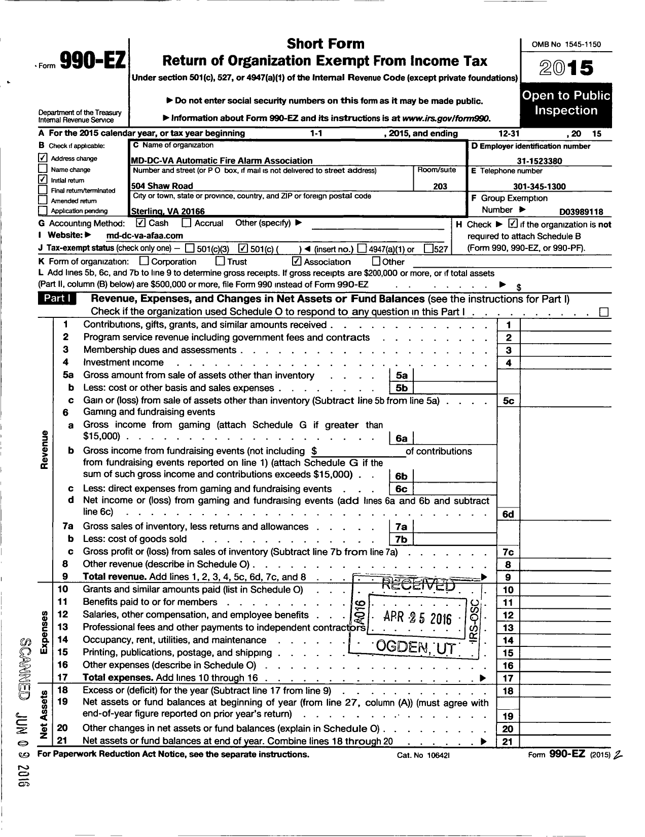 Image of first page of 2015 Form 990EO for Maryland DC Virginia Automatic Fire Alarm Association Incorporated