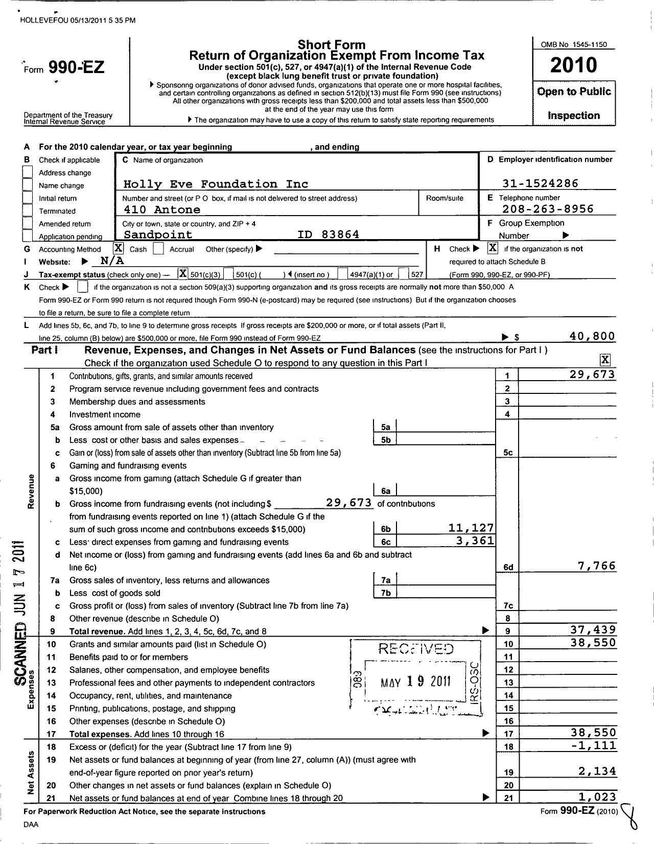 Image of first page of 2010 Form 990EZ for Holly Eve Foundation