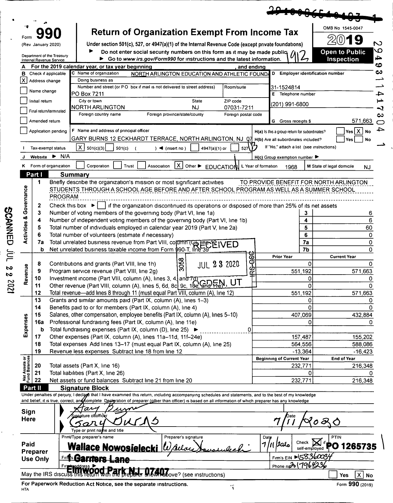 Image of first page of 2019 Form 990 for North Arlington Educational and Athletic Foundation