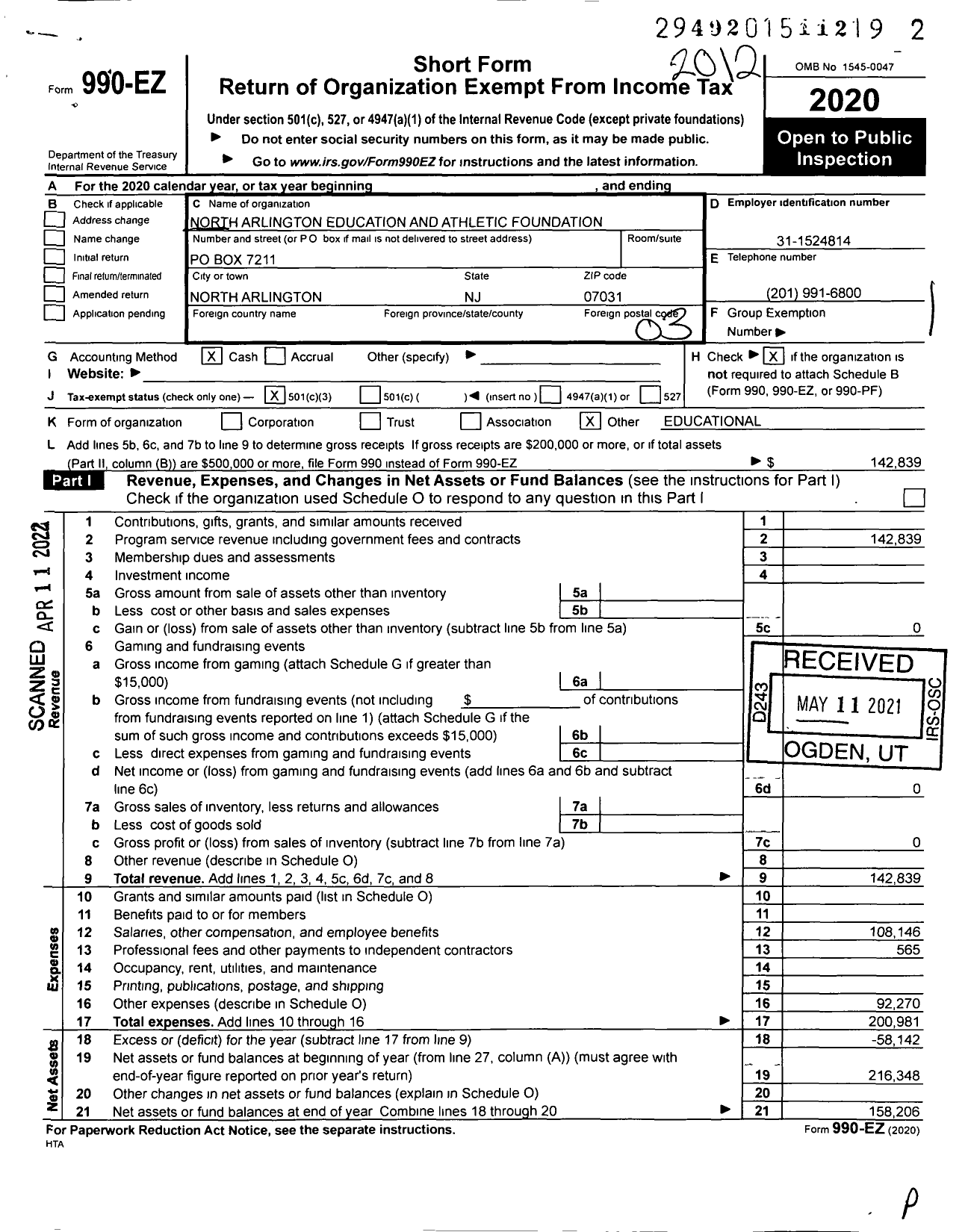 Image of first page of 2020 Form 990EZ for North Arlington Educational and Athletic Foundation