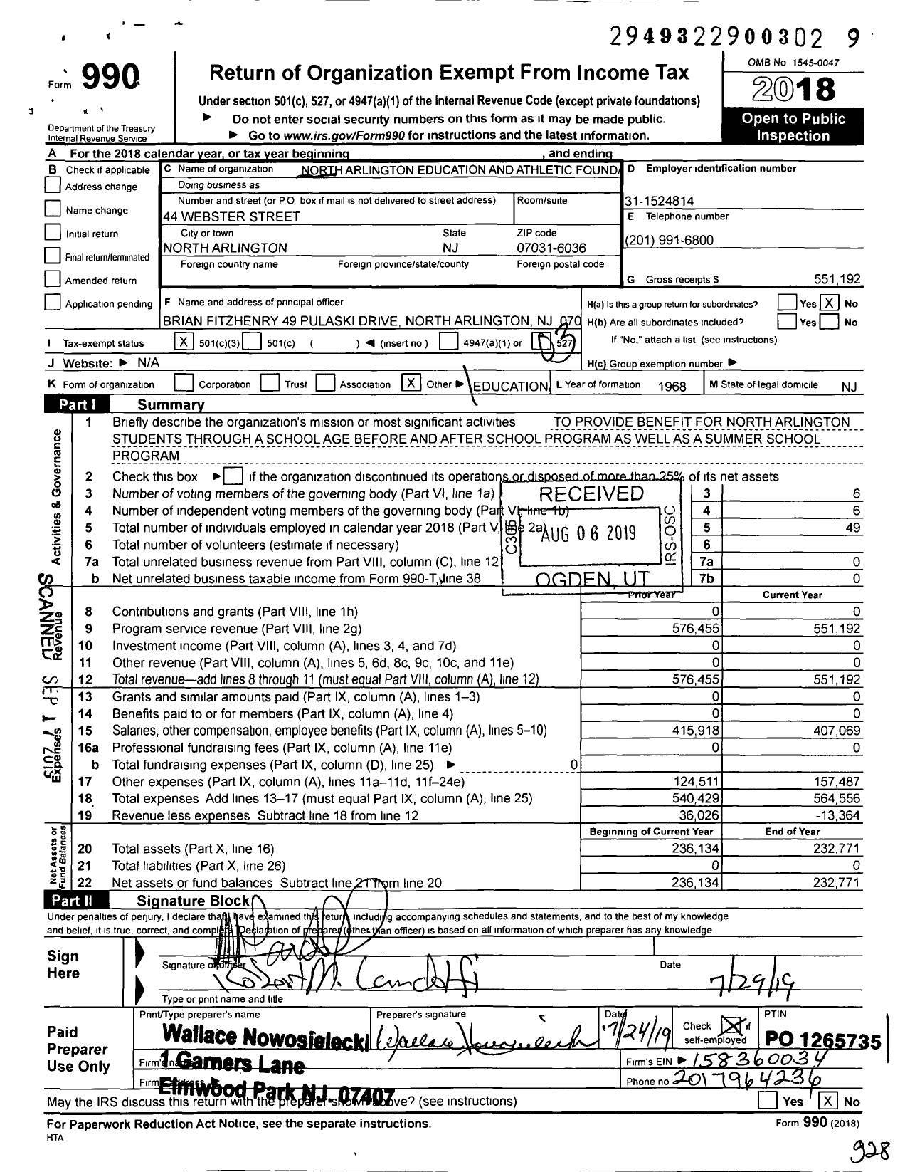 Image of first page of 2018 Form 990 for North Arlington Educational and Athletic Foundation