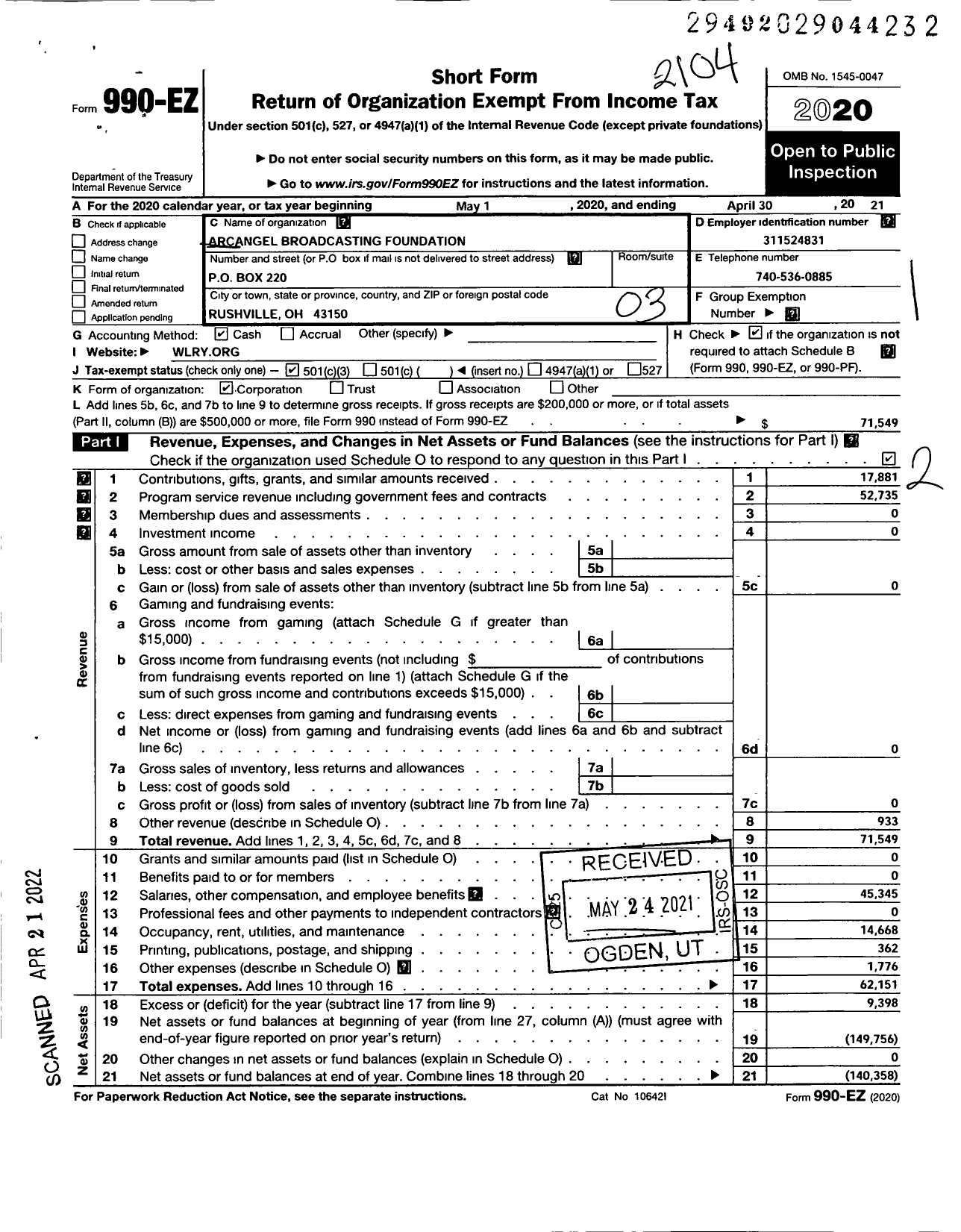 Image of first page of 2020 Form 990EZ for Arcangel Broadcasting Foundation