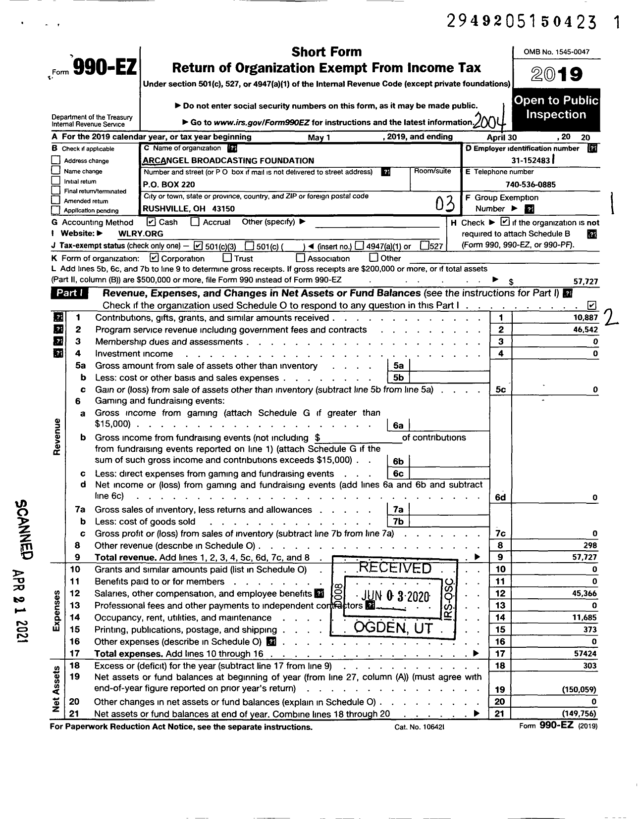 Image of first page of 2019 Form 990EZ for Arcangel Broadcasting Foundation