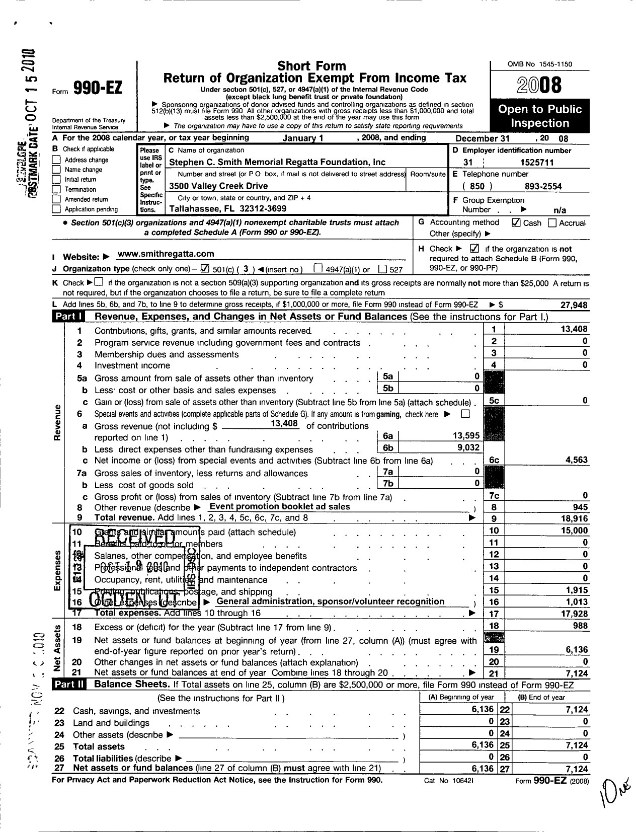 Image of first page of 2008 Form 990EZ for Stephen C Smith Memorial Regatta Foundation