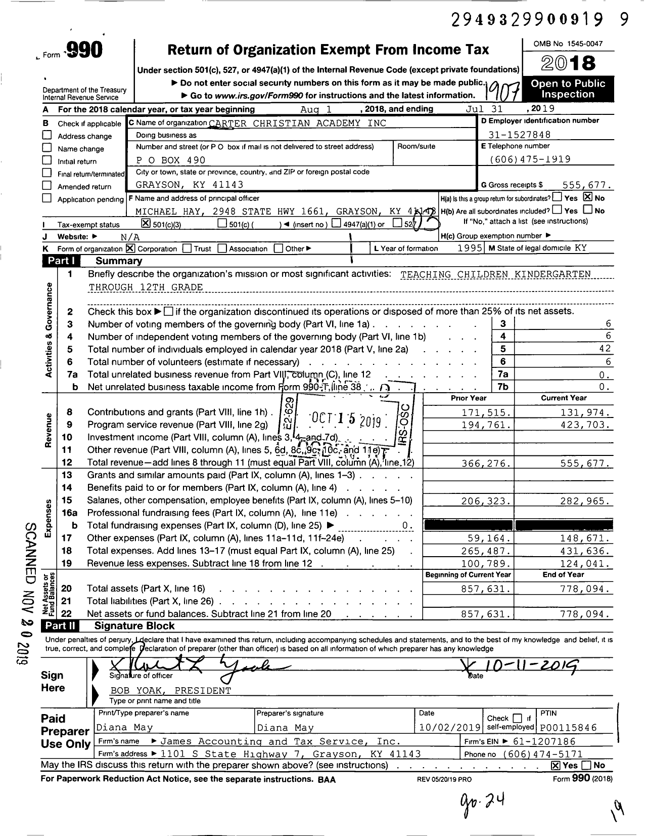 Image of first page of 2018 Form 990 for Carter Christian Academy