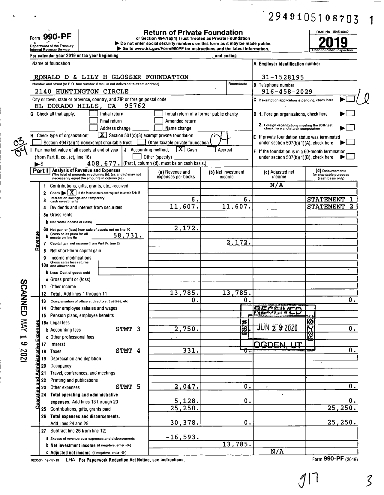 Image of first page of 2019 Form 990PF for Ronald D and Lily H Glosser Foundation