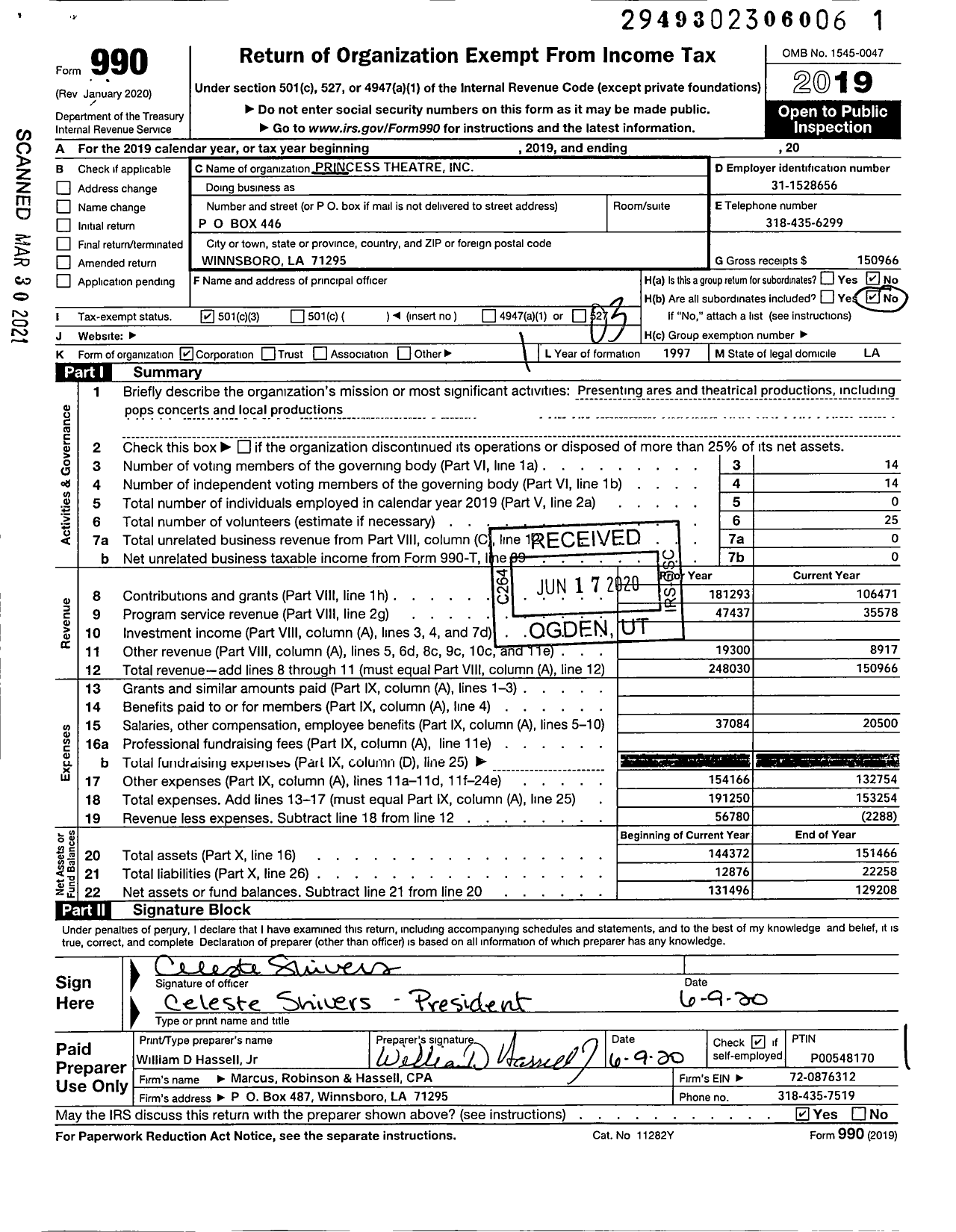 Image of first page of 2019 Form 990 for Princess Theatre