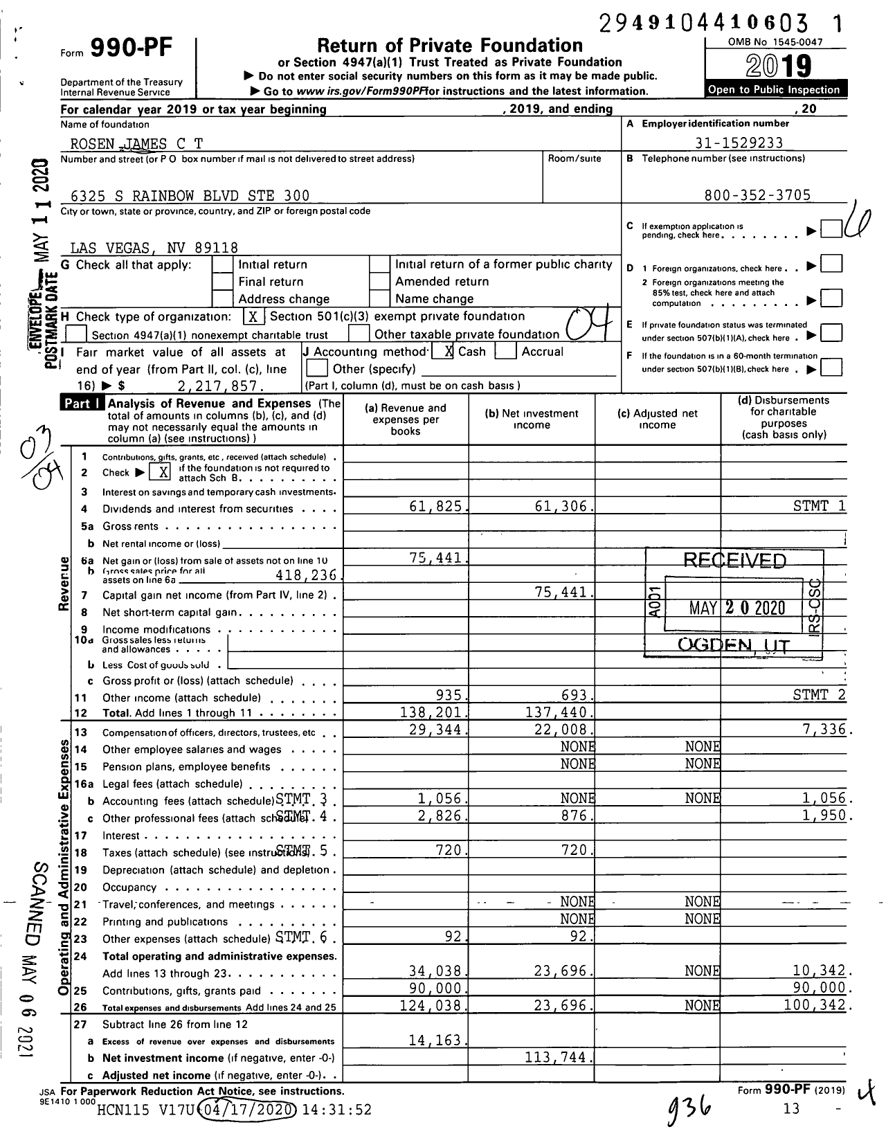 Image of first page of 2019 Form 990PF for Rosen James C T