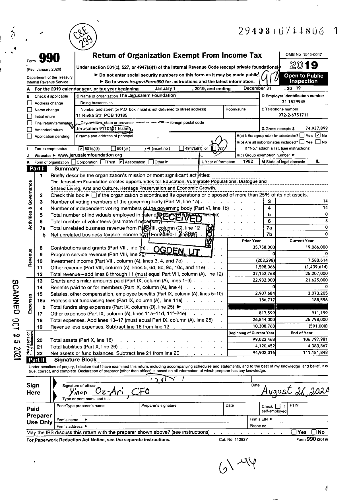 Image of first page of 2019 Form 990 for The Jerusalem Foundation