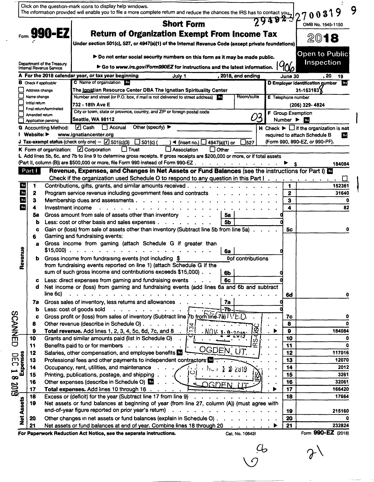 Image of first page of 2018 Form 990EZ for Ignatian Spirituality CENTER