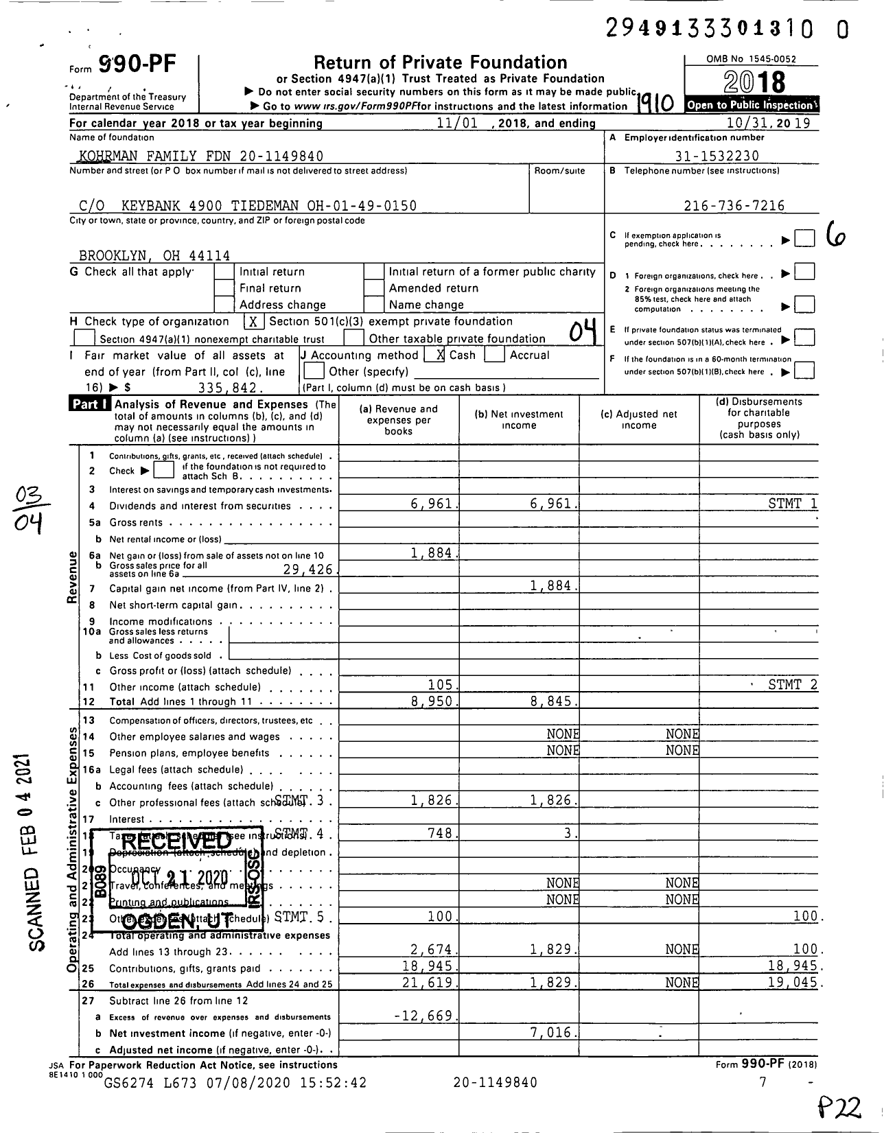 Image of first page of 2018 Form 990PF for Kohrman Family Foundation