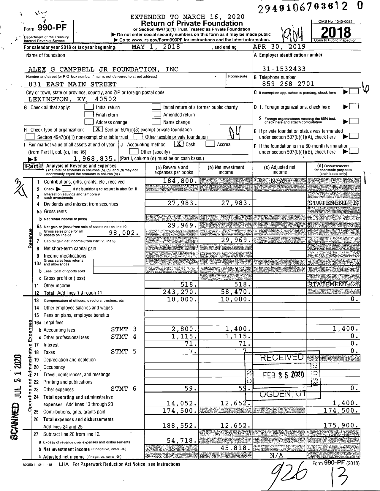 Image of first page of 2018 Form 990PR for Alex G Campbell JR Foundation