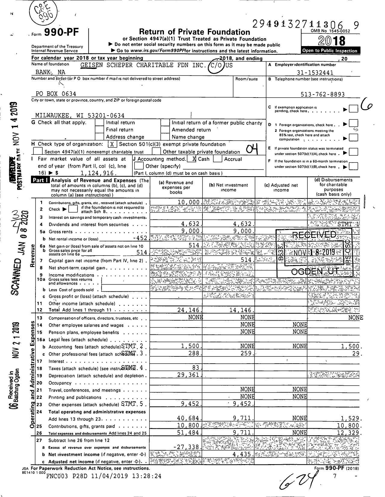 Image of first page of 2018 Form 990PF for Geisen Scheper Charitable Foundation