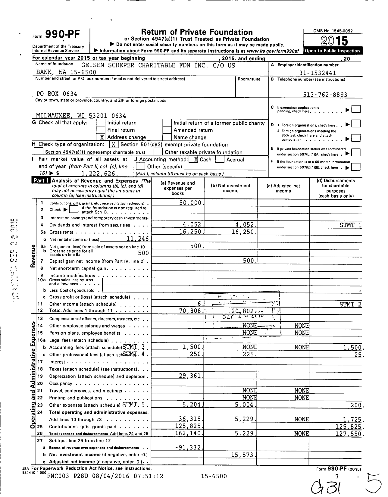 Image of first page of 2015 Form 990PF for Geisen Scheper Charitable Foundation