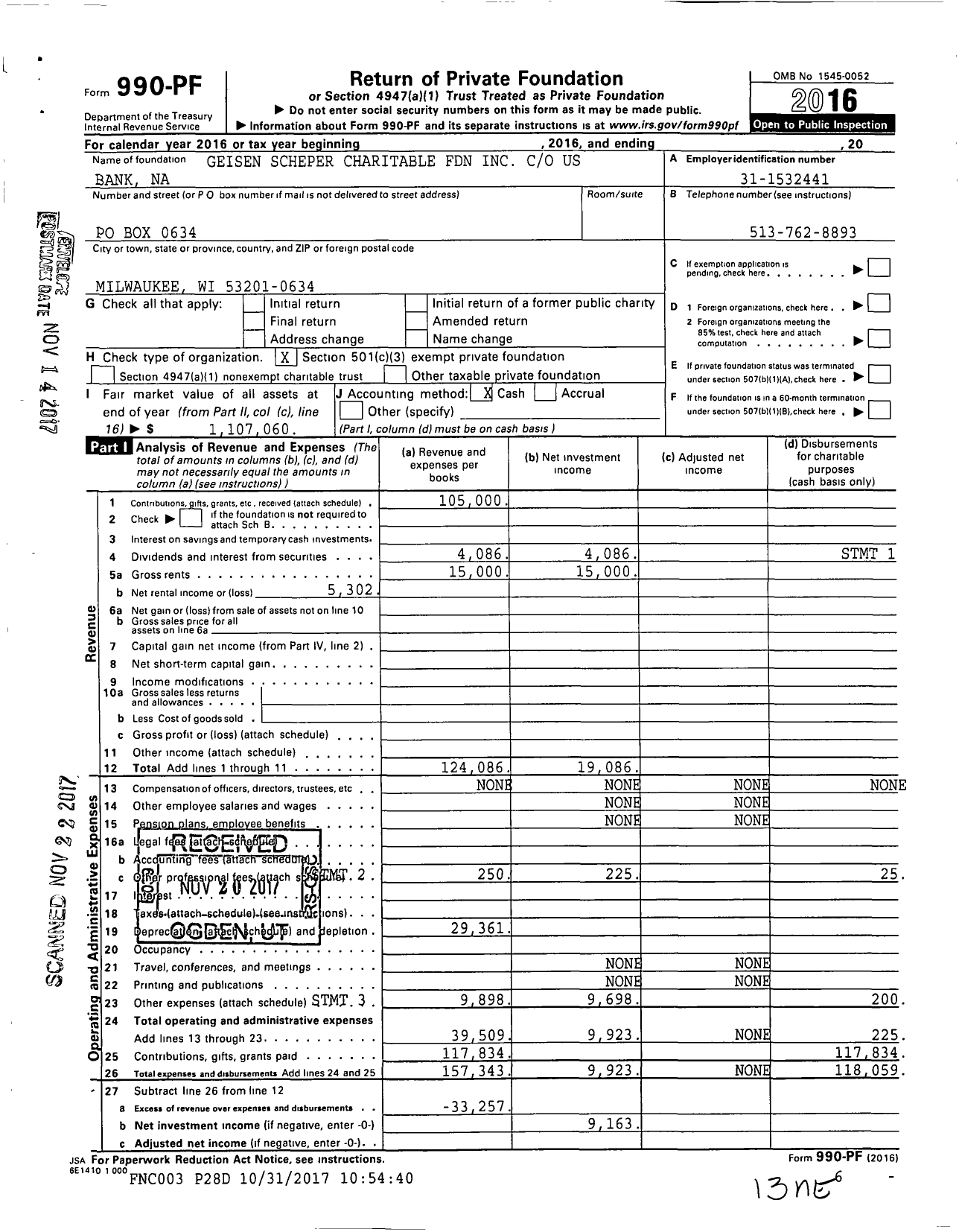 Image of first page of 2016 Form 990PF for Geisen Scheper Charitable Foundation