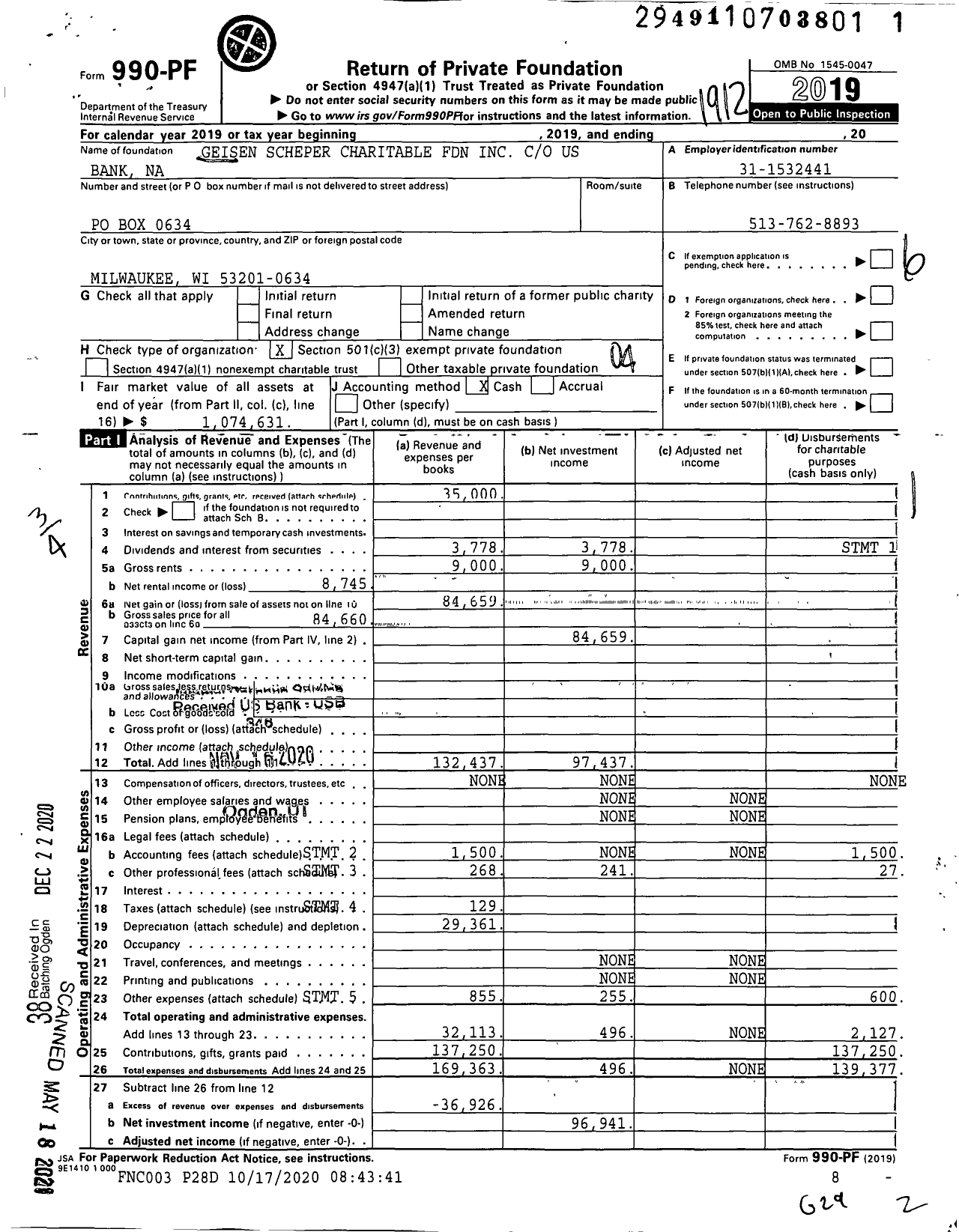 Image of first page of 2019 Form 990PF for Geisen Scheper Charitable Foundation