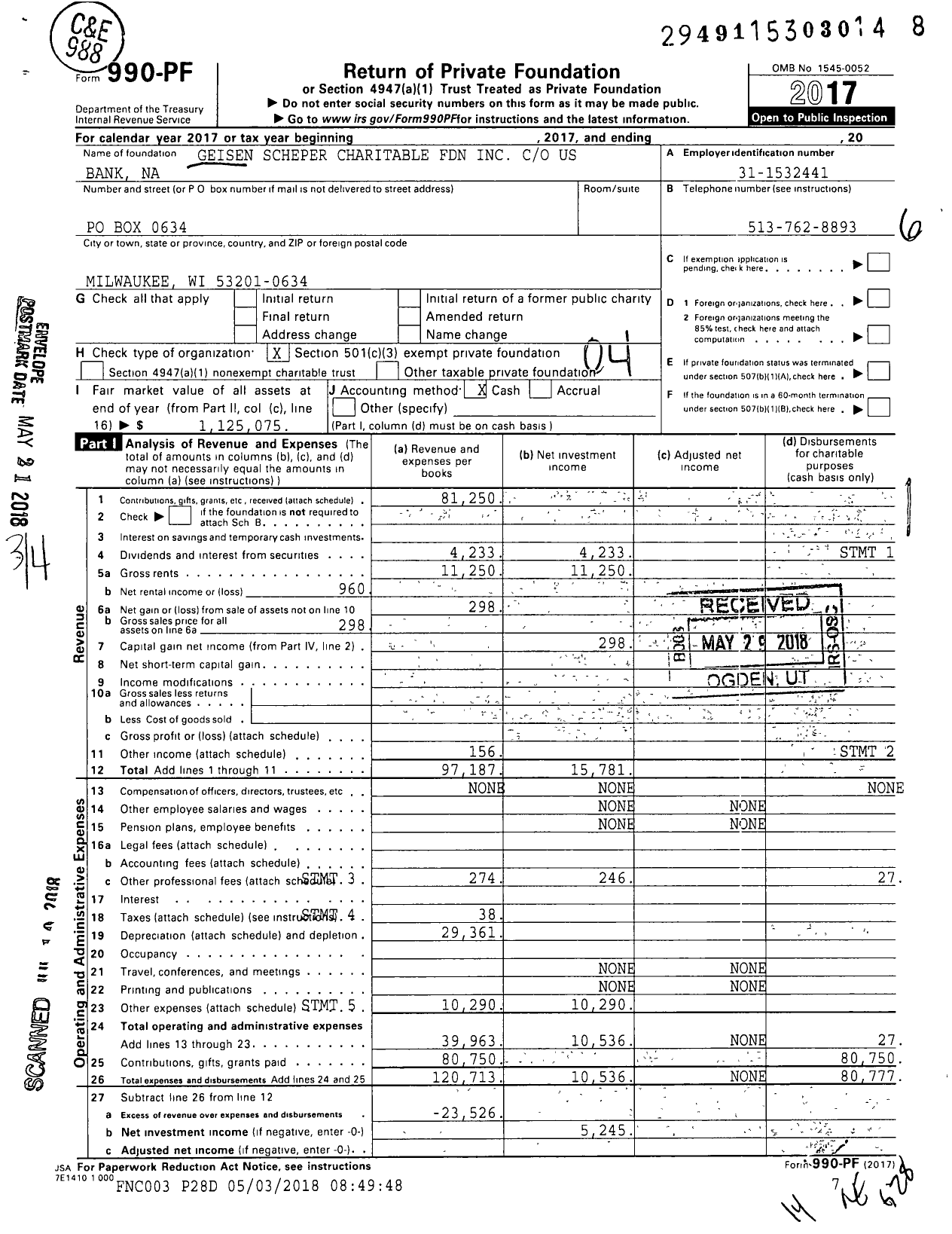Image of first page of 2017 Form 990PF for Geisen Scheper Charitable Foundation