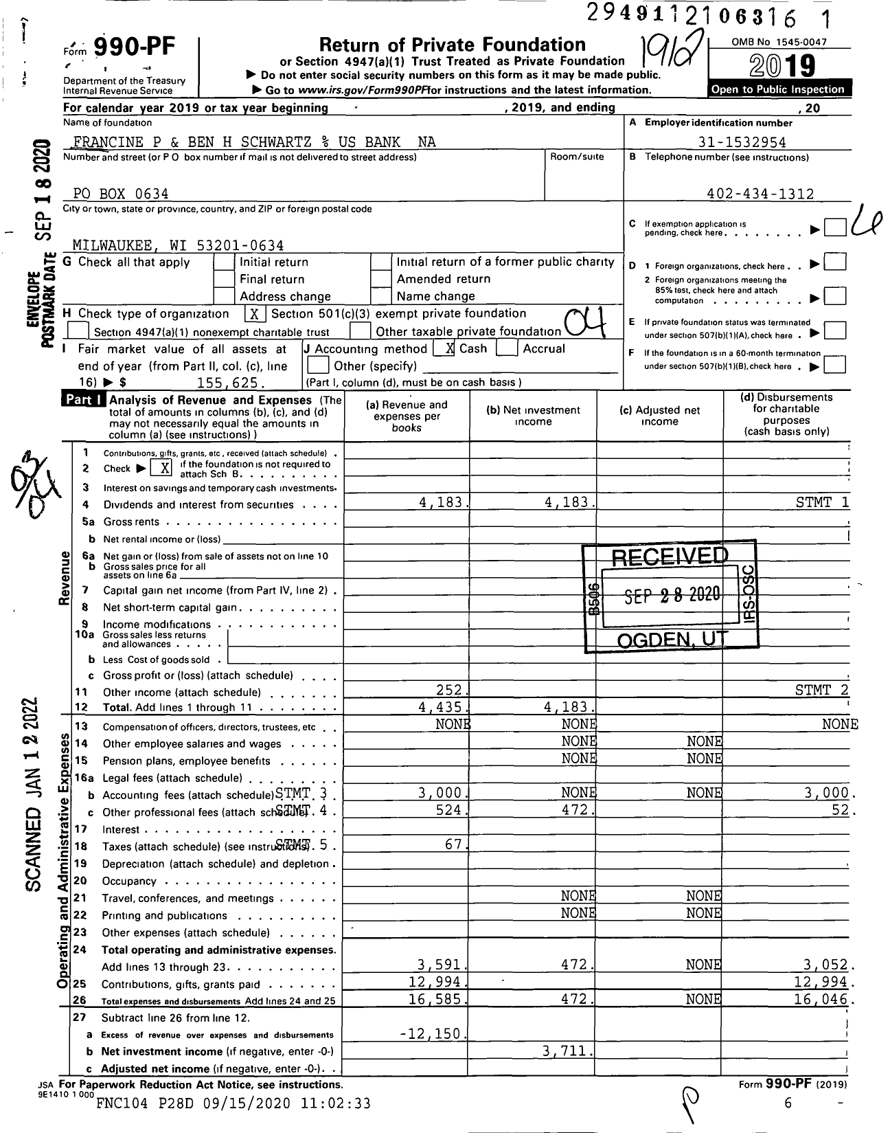 Image of first page of 2019 Form 990PF for Francine P and Ben H Schwartz Us Bank Na