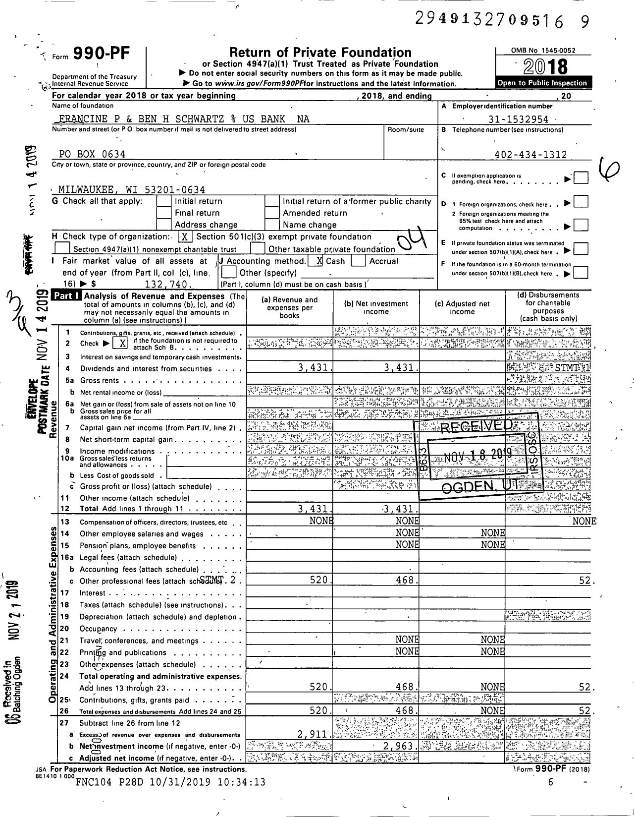 Image of first page of 2018 Form 990PF for Francine P and Ben H Schwartz Us Bank Na